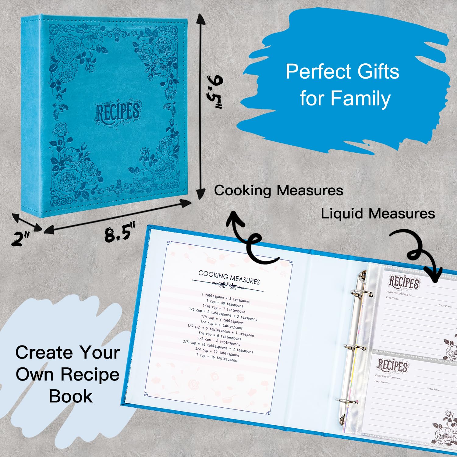 Cofice Recipe Binder - 8.5X9.5 Recipe Ring Binder With Pu Faux Leather Cover, 4X6 Cards And Tabbed Dividers, Blue