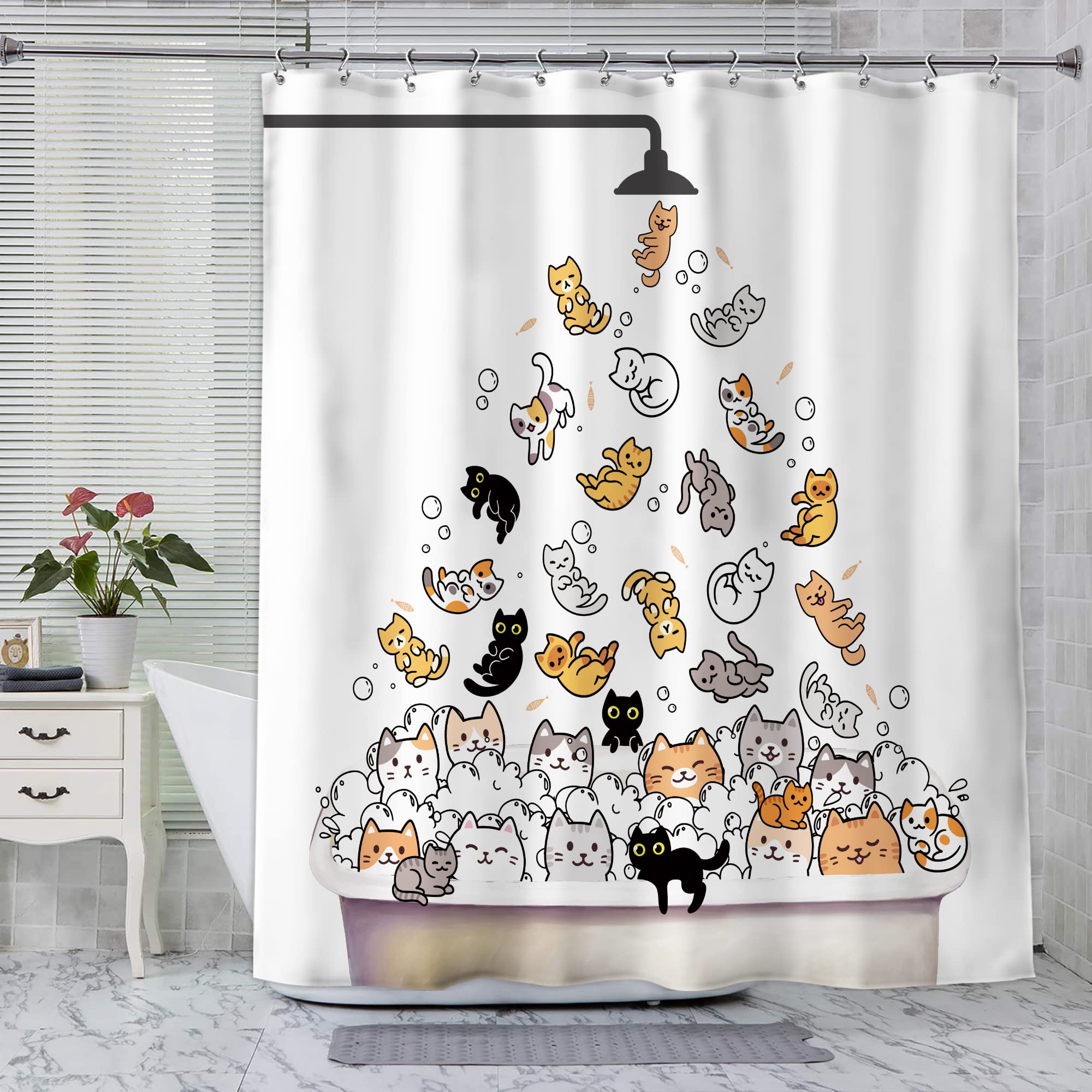 SVBright Cute Cat Shower Curtain for Kids Children 72Wx72L Inch Funny Cartoon Animal Raining Colorful Hilarious Lovely Pets Playing Water Bathroom Waterproof Polyester Fabric Bathtub 12 Pack Hooks