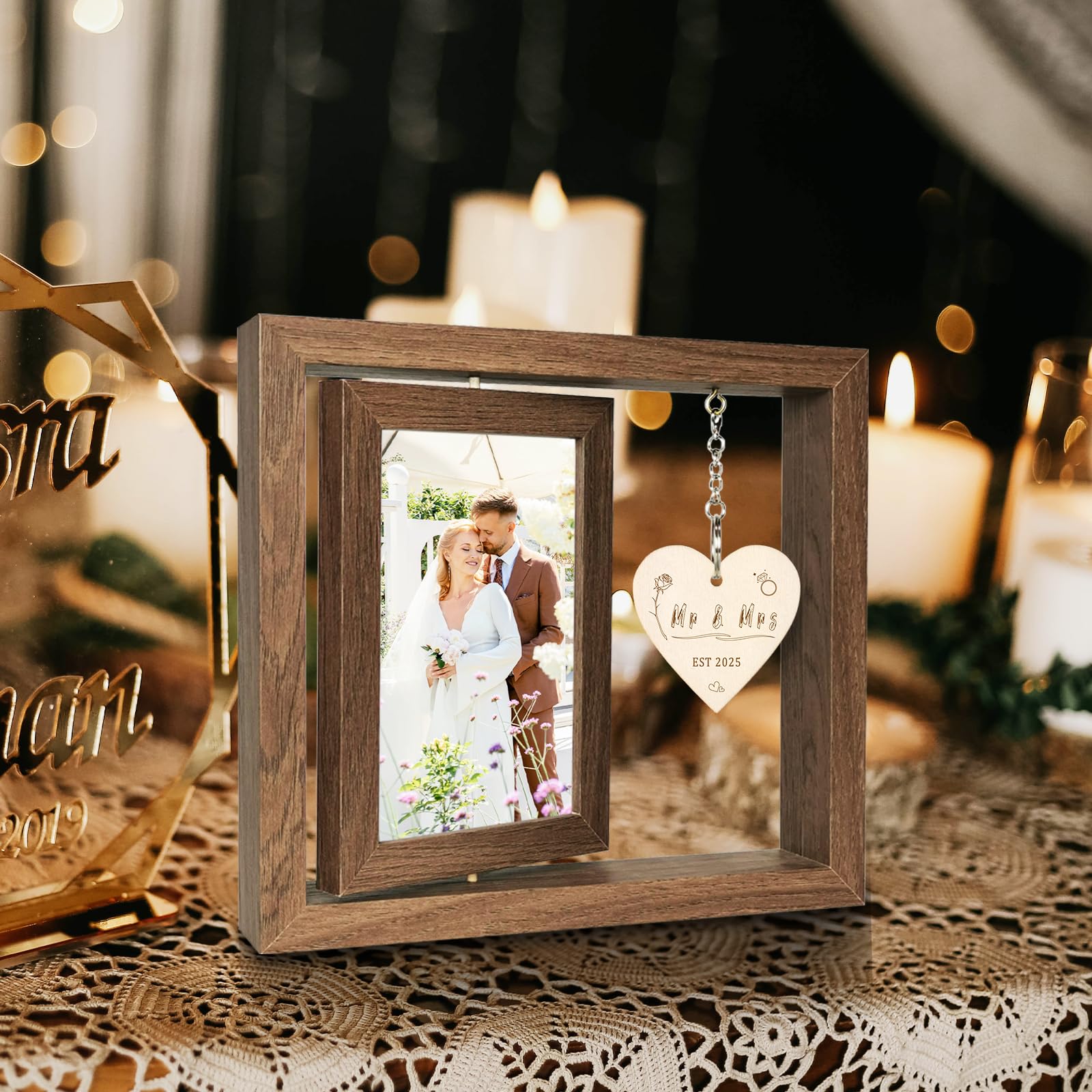 EYITUPC Rotating Floating Mr & Mrs EST 2025 - Let the Adventure Begin Picture Frame, Wedding Bridal Shower Gifts for Bride Newly