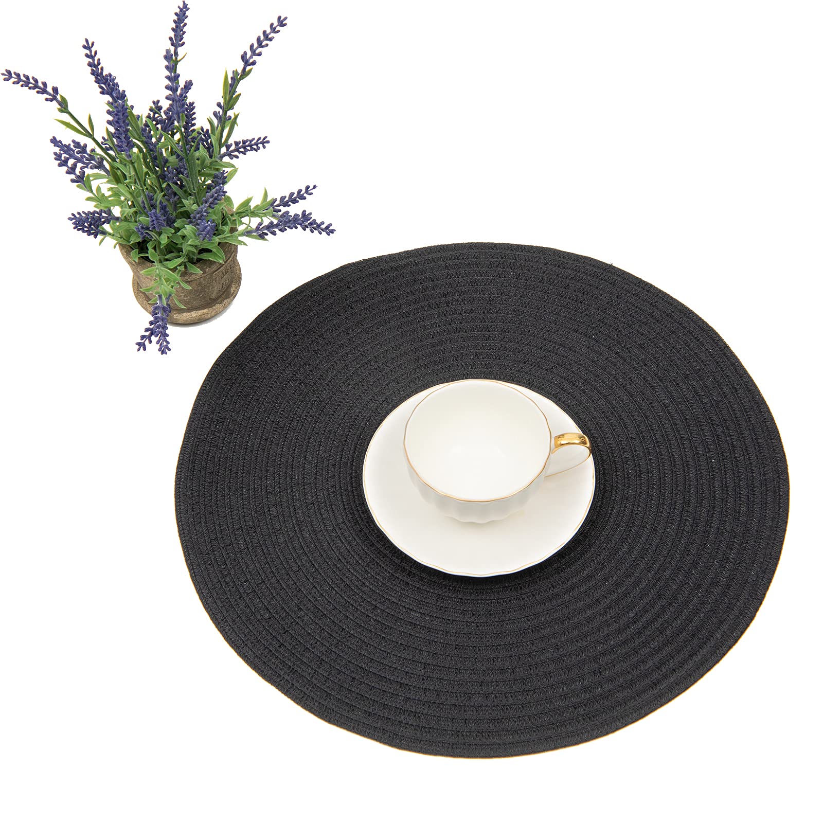 Shacos Round Braided Placemats Set Of 8 Washable Cotton Polyester Woven Round Table Mats For Dining Tables 15 Inch (Black, 8)