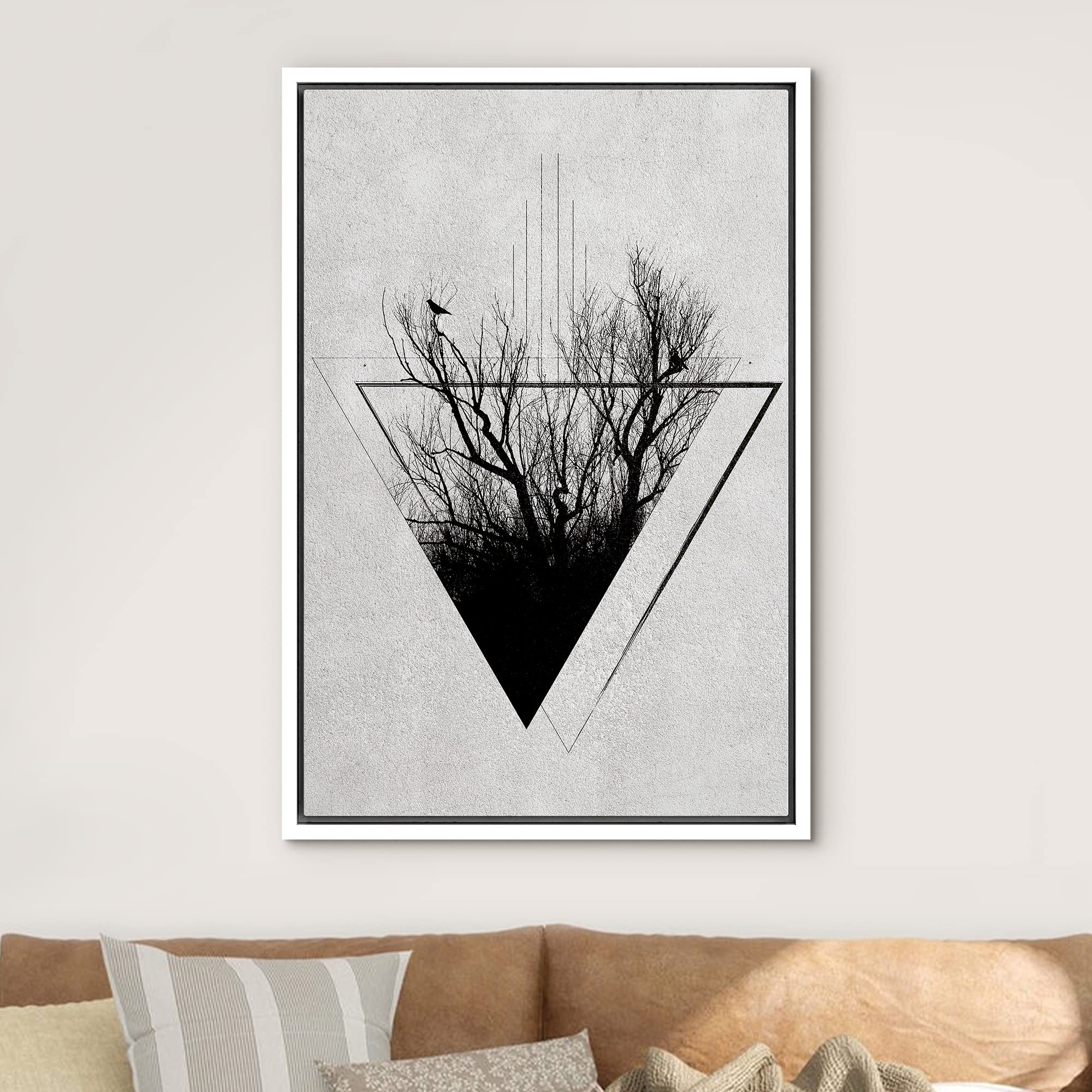 NWT Framed Canvas Print Wall Art Sketch Style Triangle Tree & Bird Silhouette Nature Wilderness Photography Realism Minimalist Scenic Black and White for Living Room  Bedroom  Office - 16''x24'' White