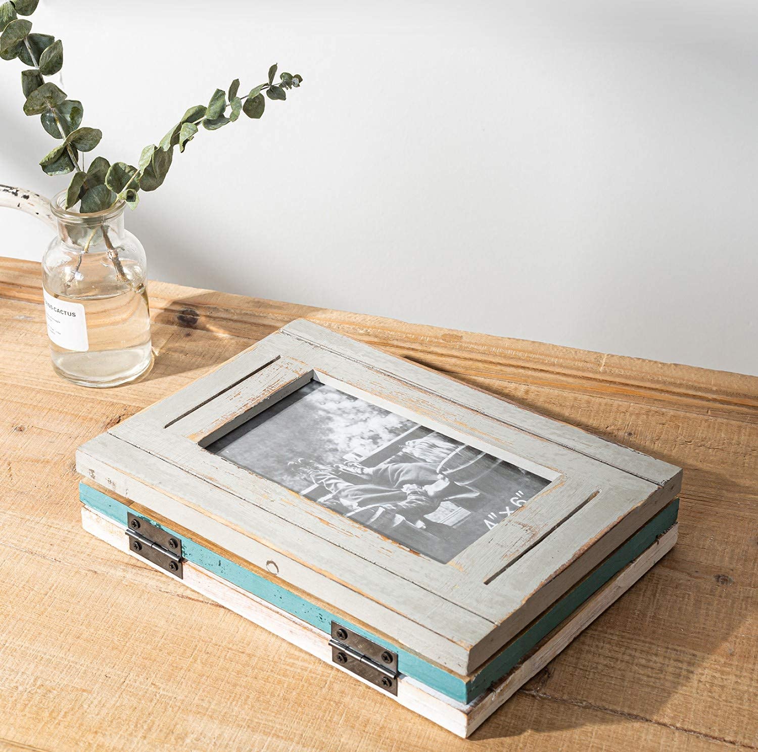 RiteSune Rustic 3 Picture Frame 4X6 Triple Hinged Distressed Photo Frame for Tabletop Display, Picture College Frame Present for