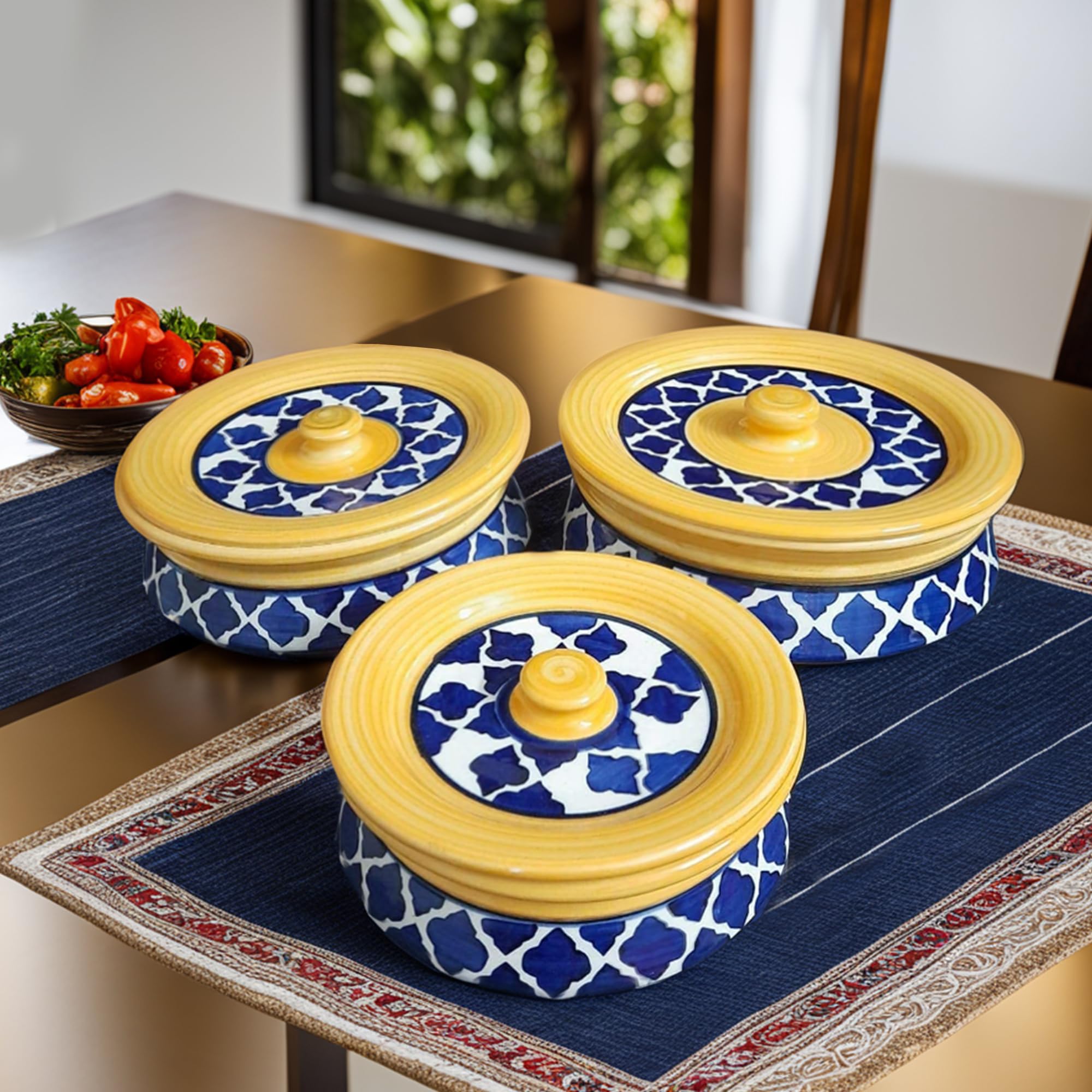 Praahi Lifestyle Ceramic Biryani/Curd/Dahi Handi Set With Lid | Yellow Blue Handpainted Rice Pot For Serving Dal, Curry - Set Of