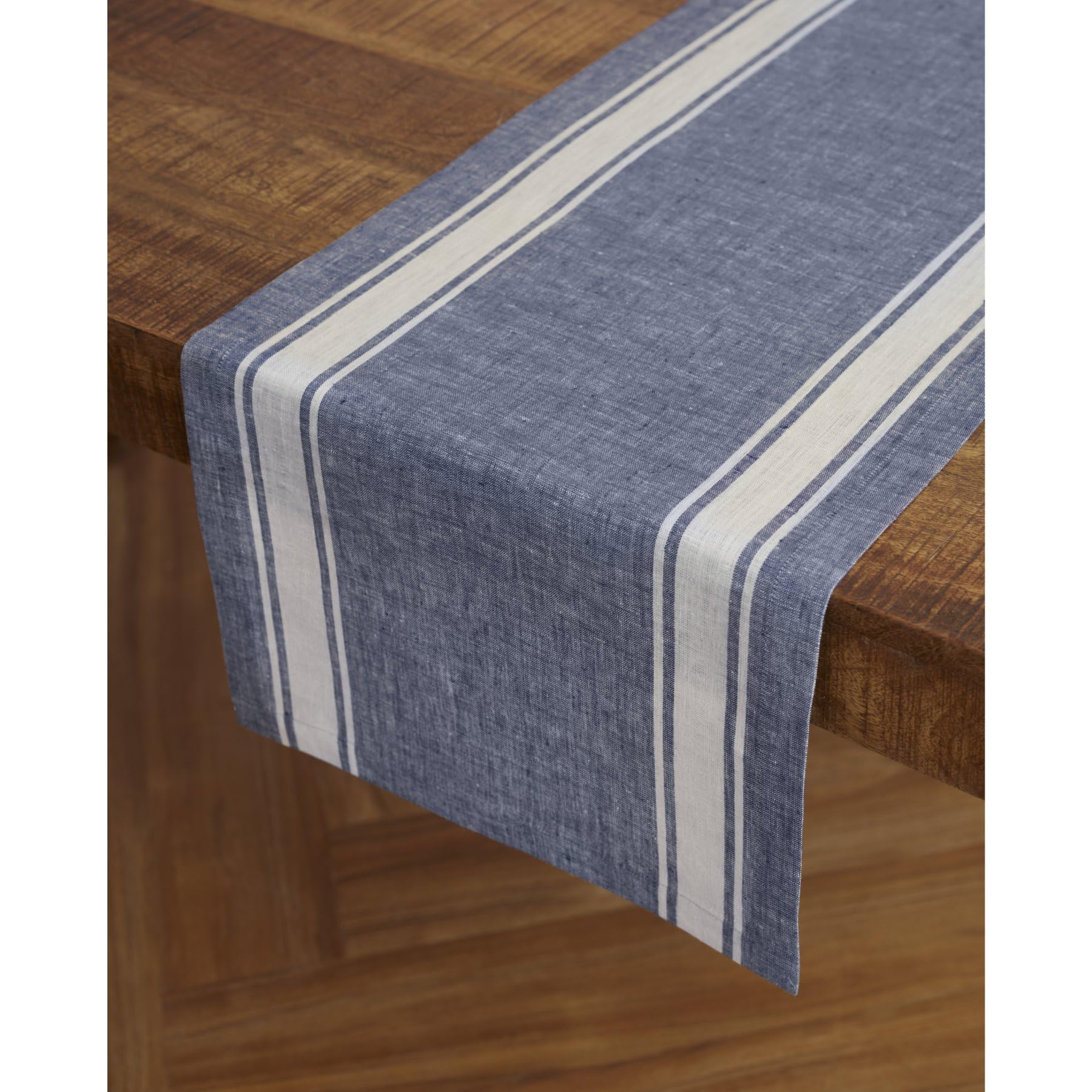 Solino Home Stripe Linen Blue And White Table Runner 120 Inches Long - 100% Pure Linen Farmhouse Stripe Dining Table Runner 14 X