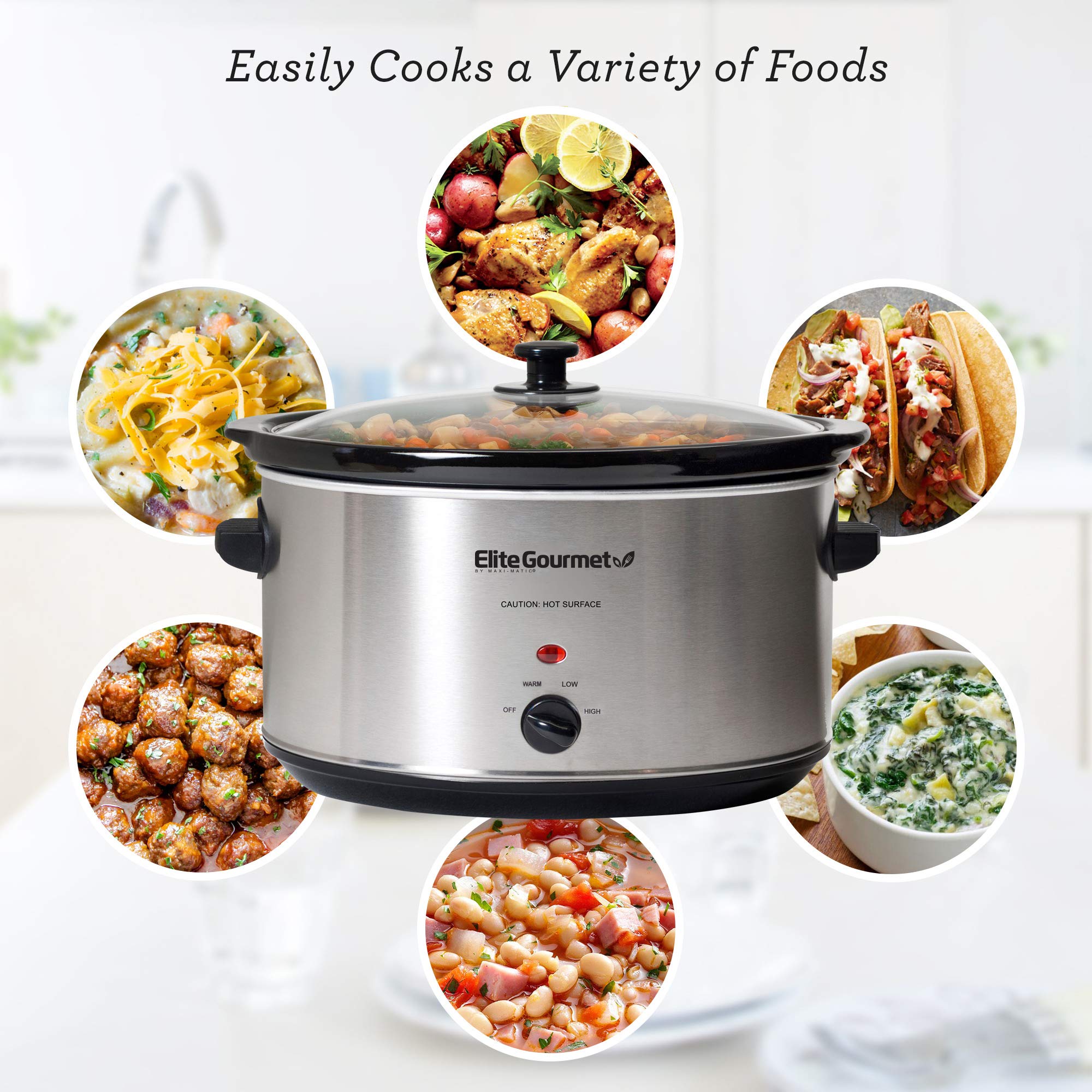 Elite Gourmet Stainless Steel Slow Cooker, 8.5 Quart, Dishwasher-Safe, Model MST-900V, Removable Stoneware Pot, Cool-Touch Handles