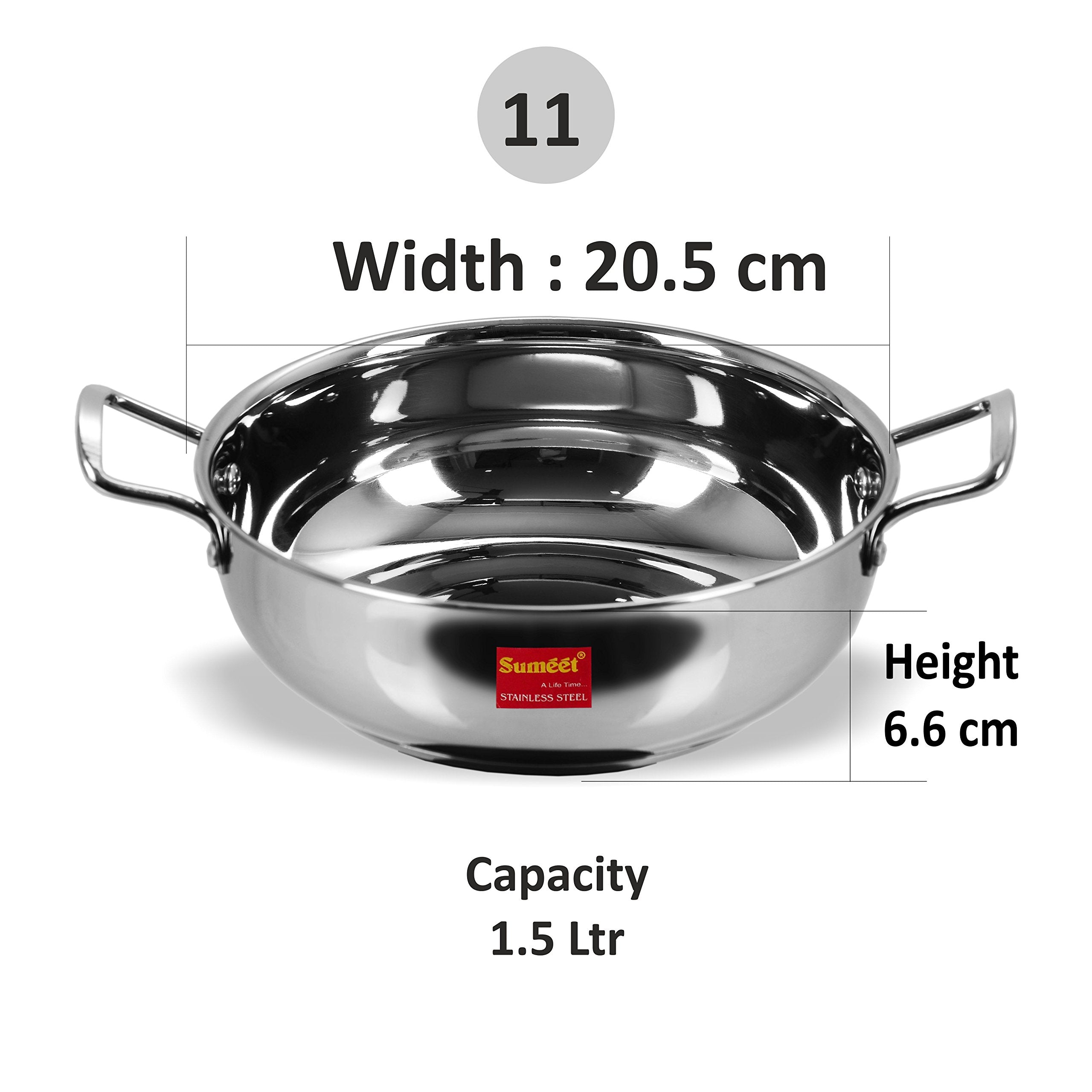 Sumeet Stainless Steel Induction Bottom (Encapsulated Bottom) Induction & Gas Stove Friendly Kadhai Size No.11 (1.5 Ltr)