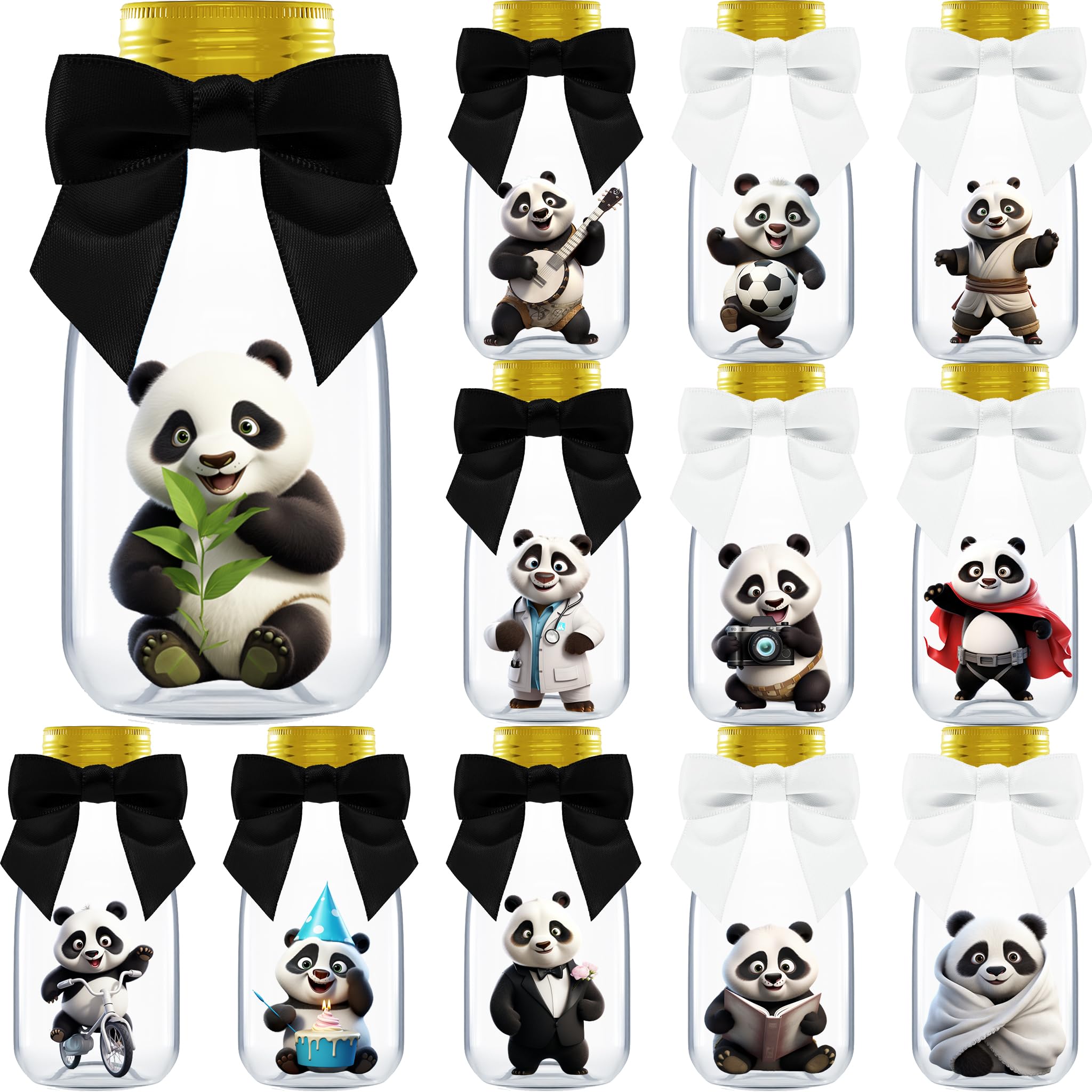 Ethisa Small 12 Pack Panda Party Favors - DIY Candy Jars with Ribbons and Stickers - Party Decoration Bottles for Birthday, Scho