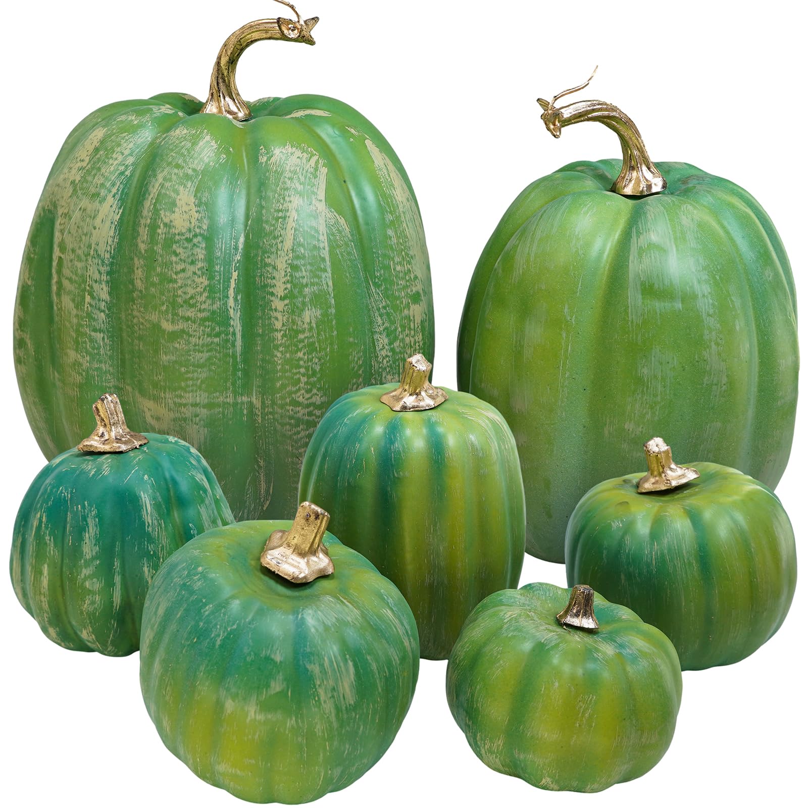 Winlyn 7 Pcs Assorted Green Artificial Pumpkins Harvest Pumpkins Deep Green Decorative Foam Pumpkins for Farmhouse Fall Wedding 