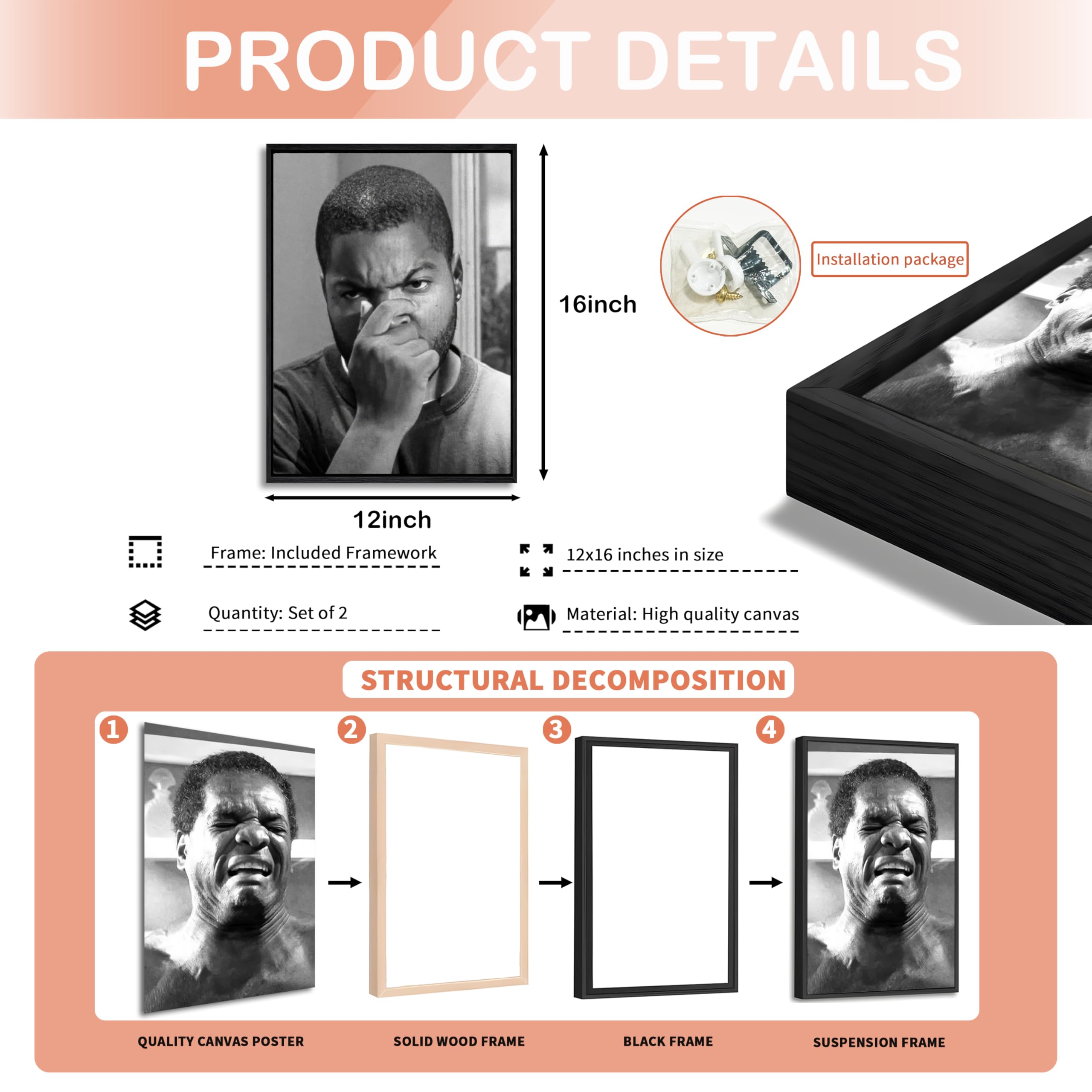 Funny Bathroom Canvas Wall Art Set Of 2 - Black Floating Frame Black And White Vintage Comedy Movies Posters, Funny Toilet Humou