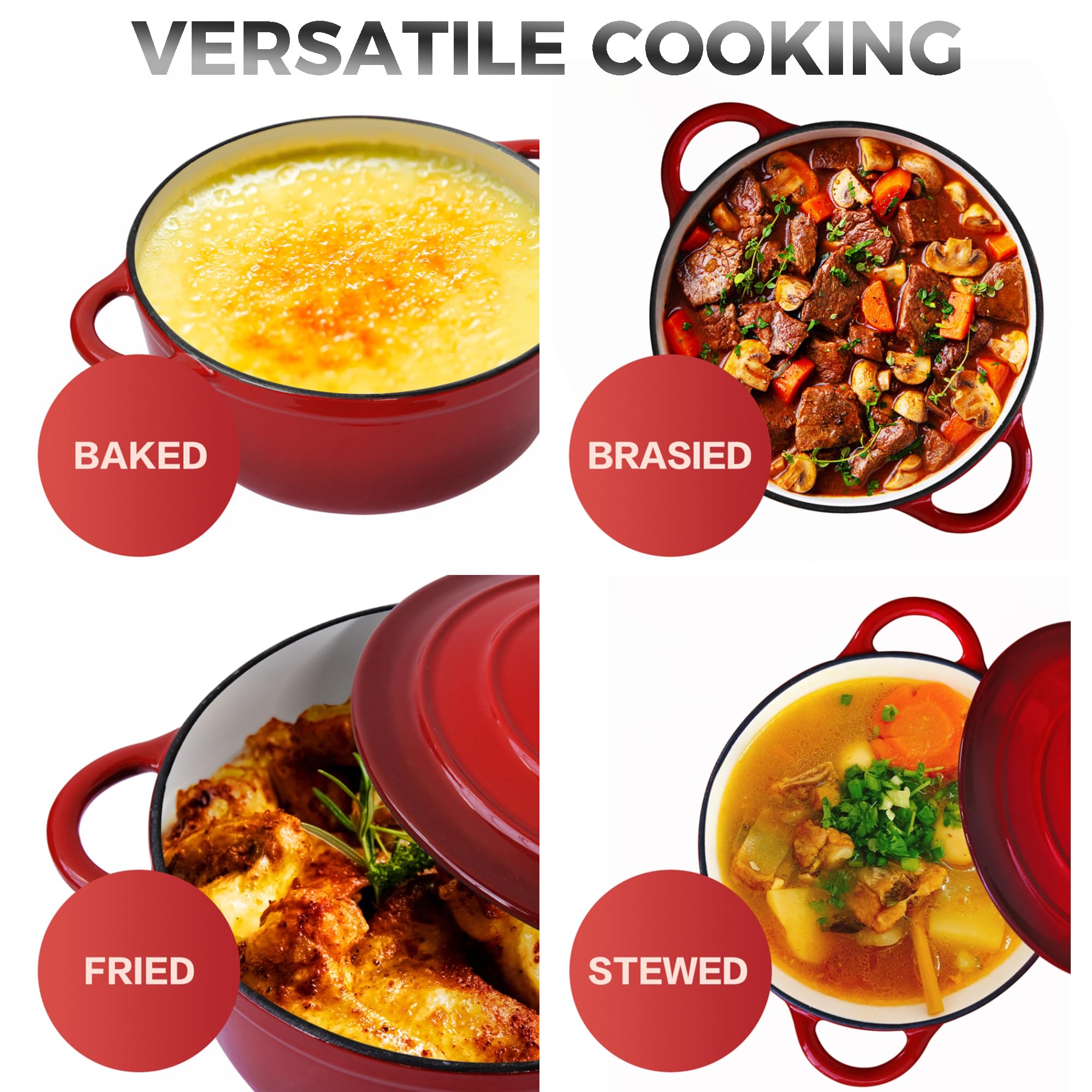 Trustmade 3 Qt Cast Iron Dutch Oven, Enamel Coated Cookware Pot With Self Basting Lid For Home Baking, Braiser, Cooking, Red