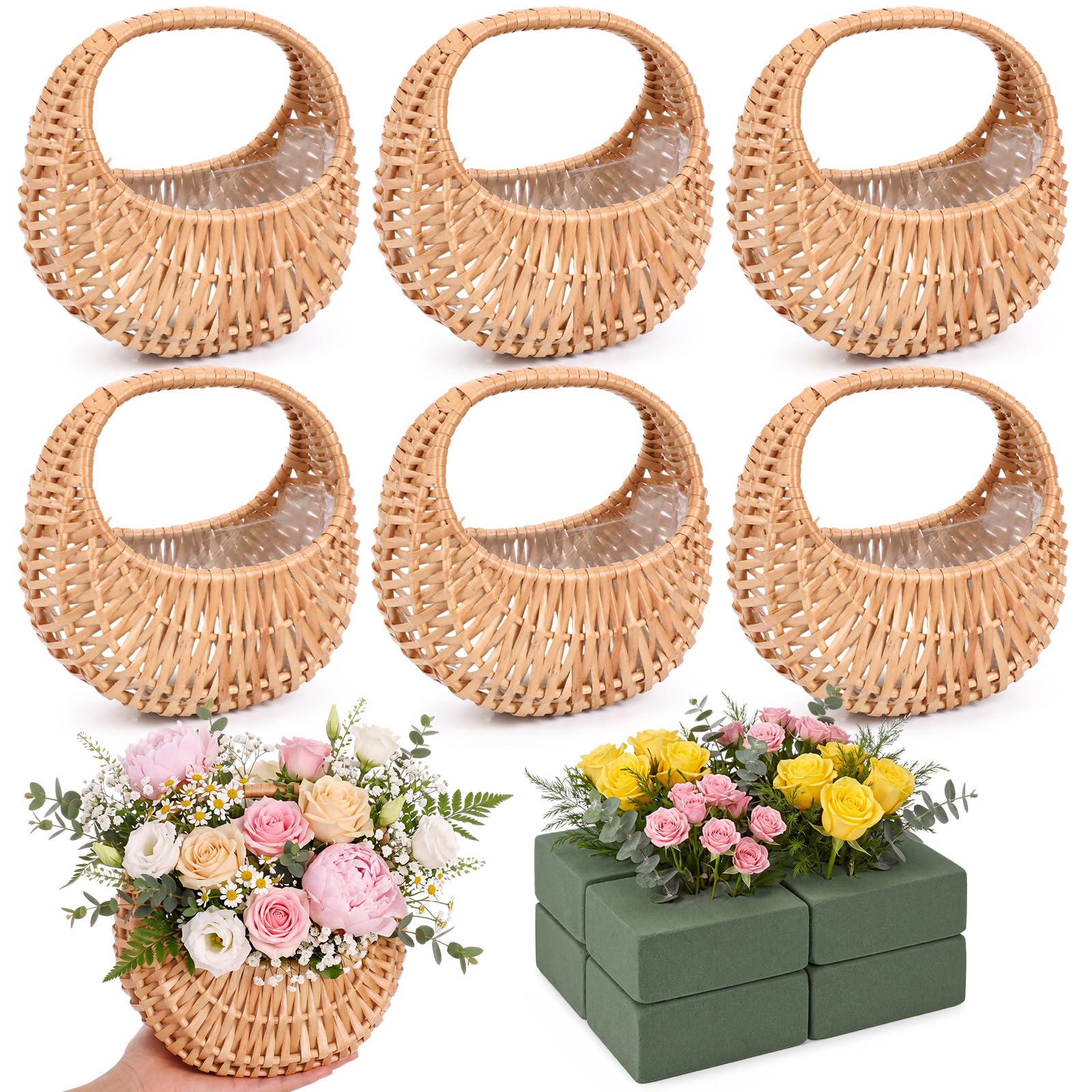 OBreezify 6 Pcs Small Wicker Basket Half Moon Flower Girl Basket with Handle 6 Pack Floral Foam Blocks 7.1 6.9 4.7 for Flo
