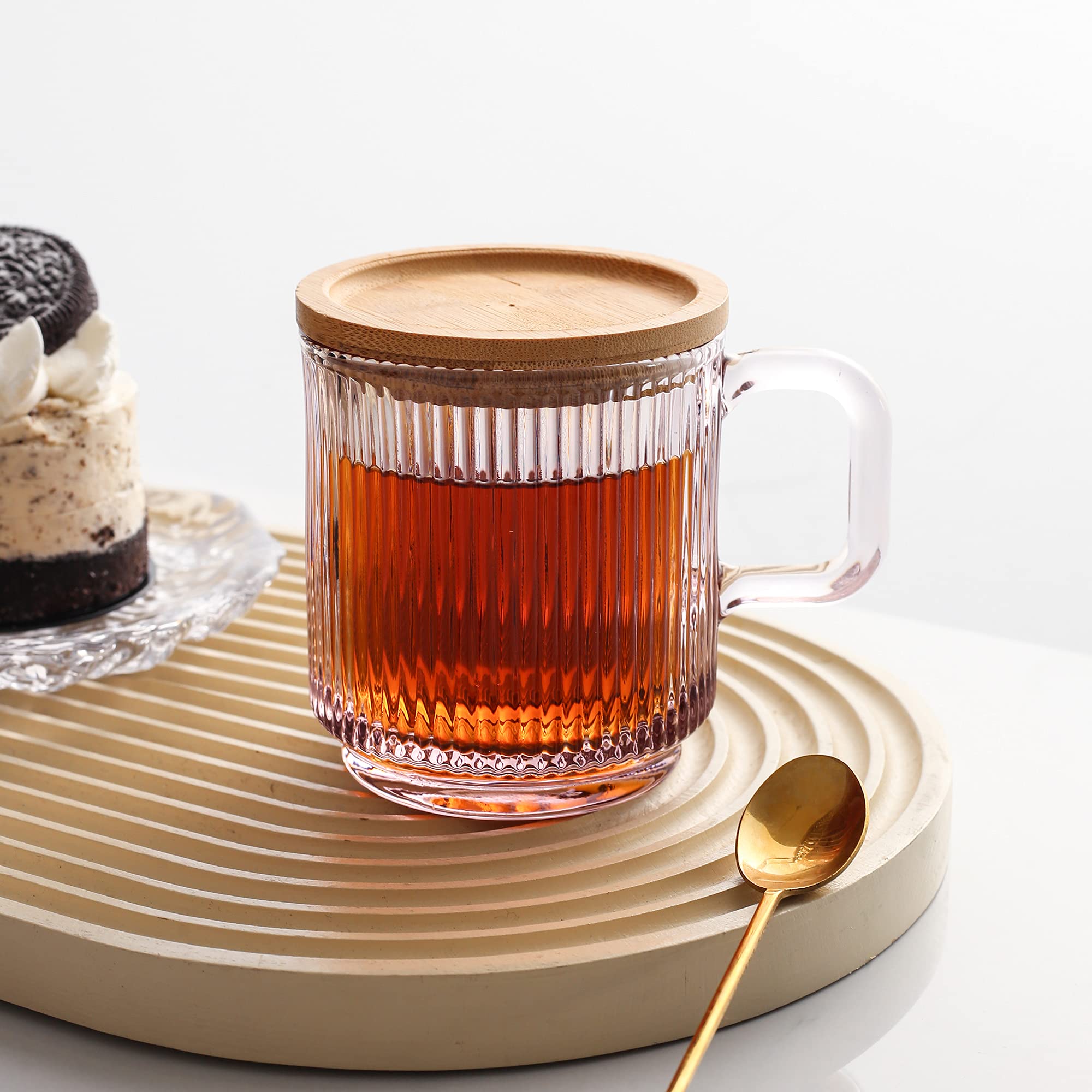 Lysenn Pink Glass Coffee Mug With Lid - Premium Classical Vertical Stripes Glass Tea Cup - For |Latte|Tea|Chocolate|Juice|Water|