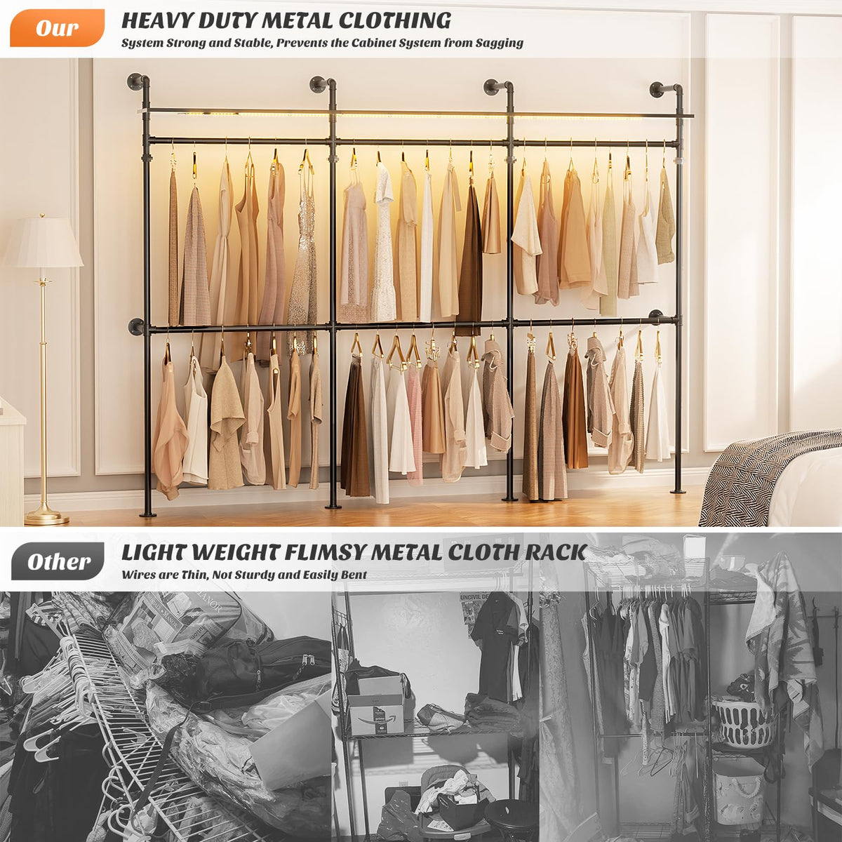 Aheaplus Industrial Pipe Clothing Rack, Reversible 118.3'' Clothes Rac ...