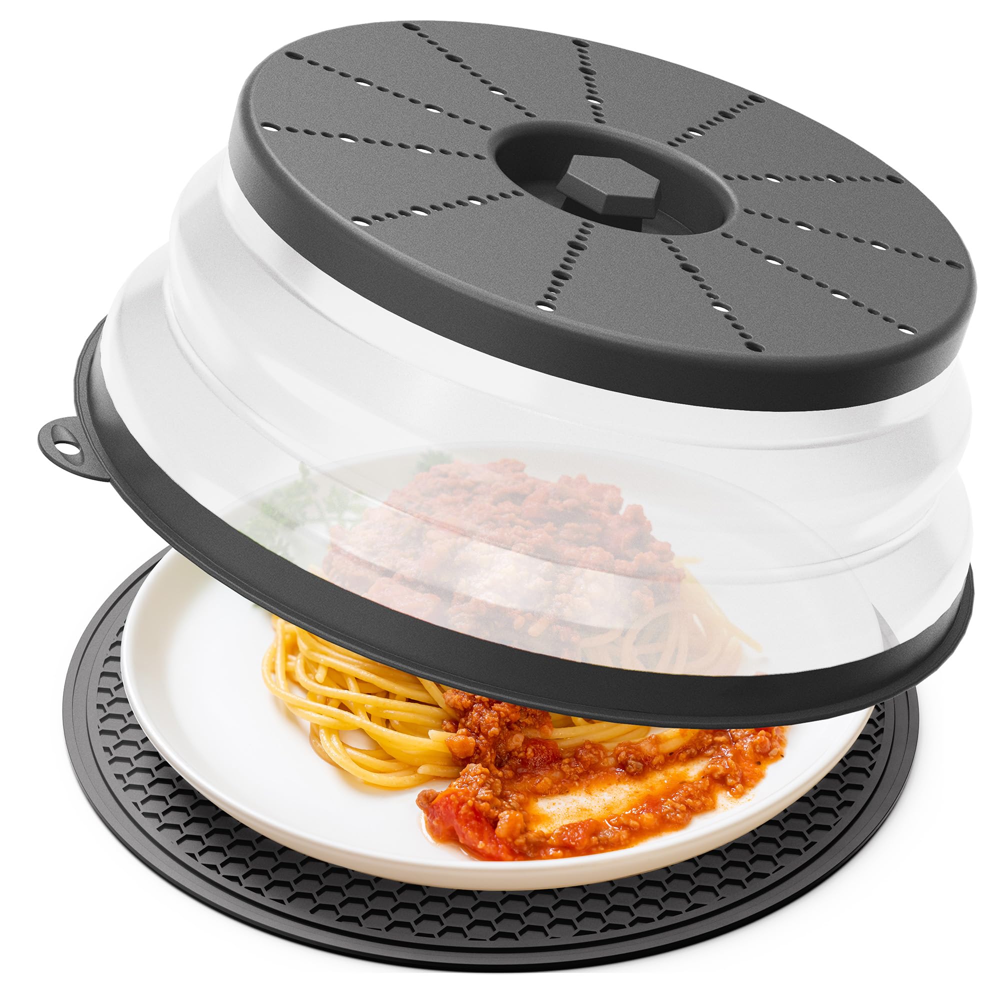 WVM Microwave Splatter Cover & Mat, Vented Collapsible Splatter Guard dish Plate lid & Silicone Round Kitchen Mat for Food, Meal