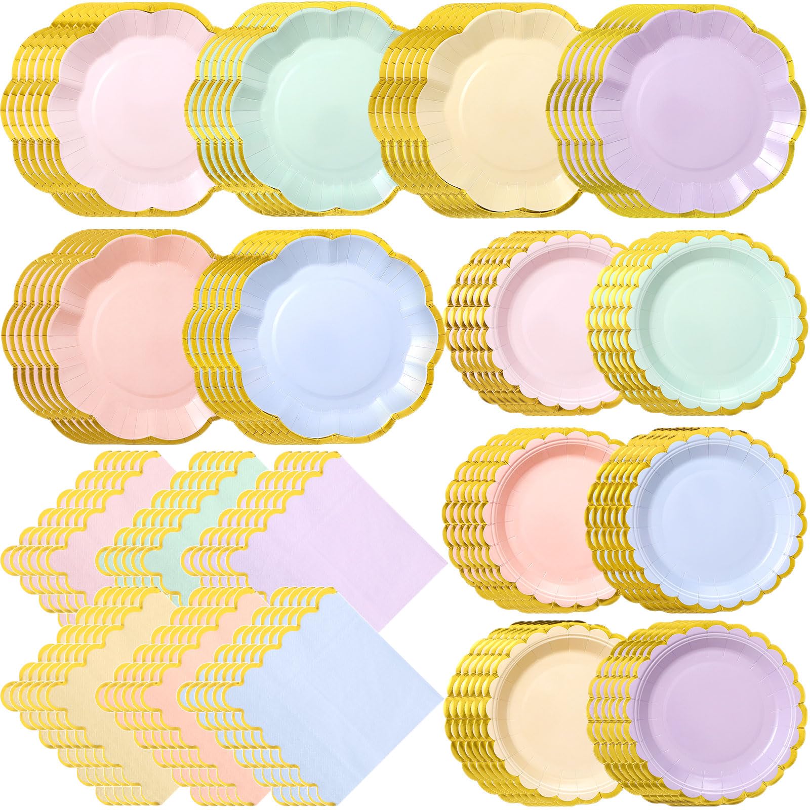 Skybooly 72 Pcs 24 Guests Pastel Plates and Napkins Party Supplies Pastel Scalloped Paper Plates Napkins Rainbow Disposable Tabl