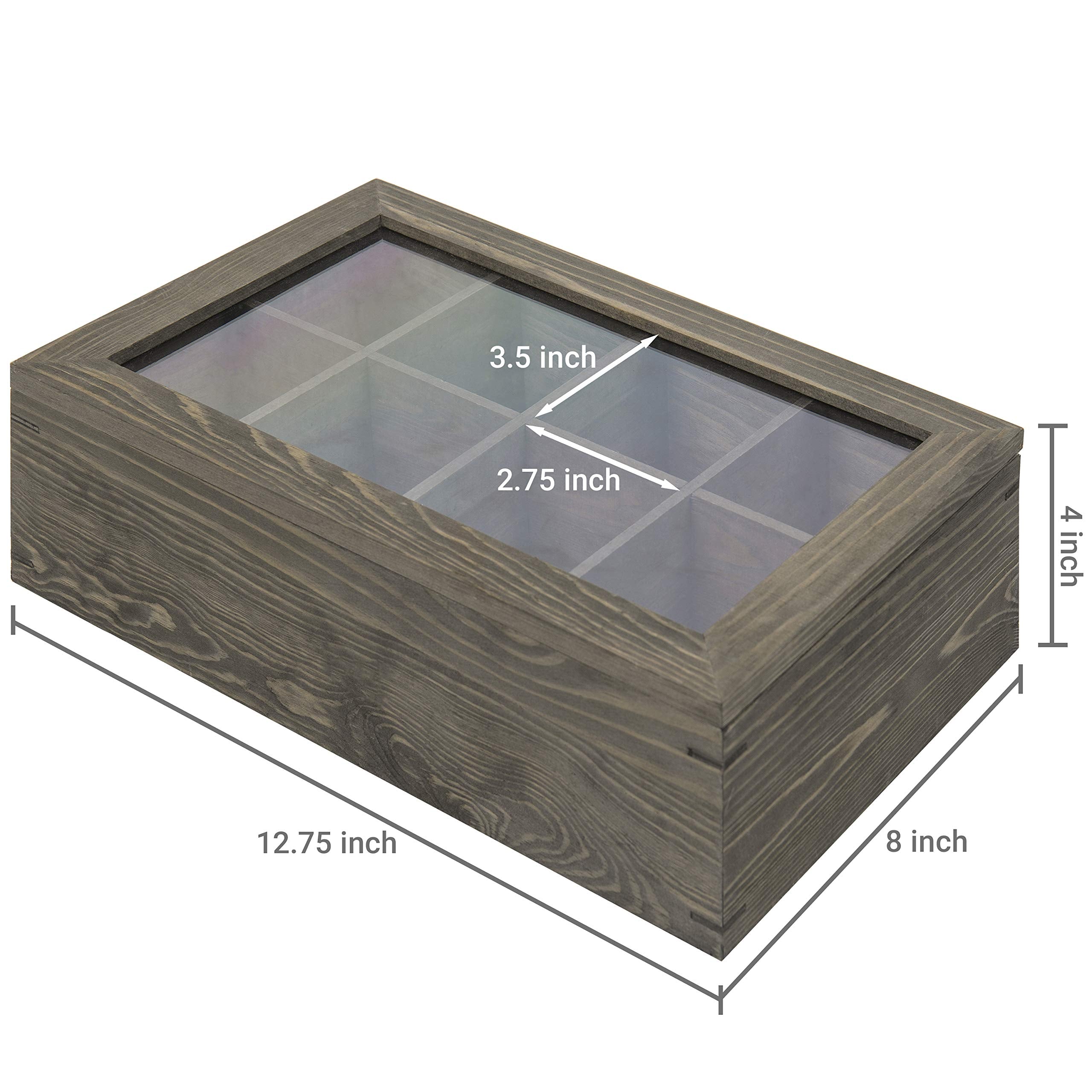 Mygift Vintage Gray Wood Tea Bag Holder Storage Box With 8 Compartments And Clear Lid
