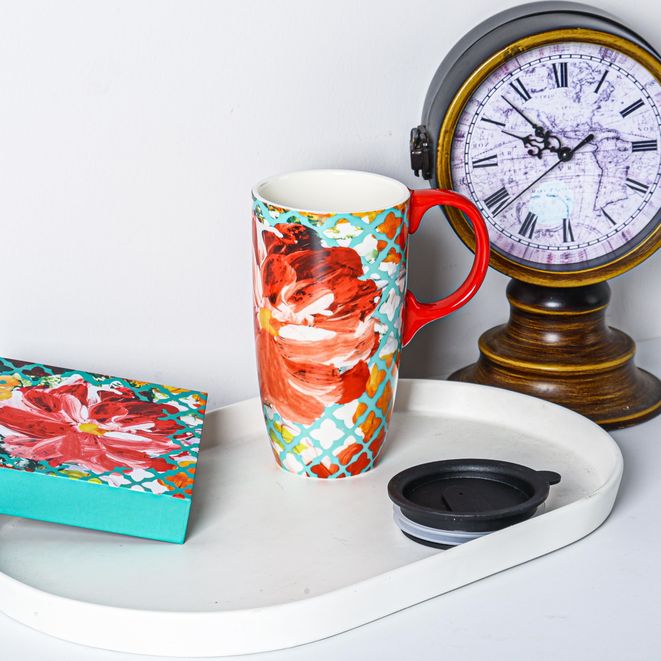 Topadorn Ceramic Coffee Mug Travel Cup Gift With Lid 17Oz., Porcelain Tall Tea Cup With Handle For Home & Office, Red Flower Art