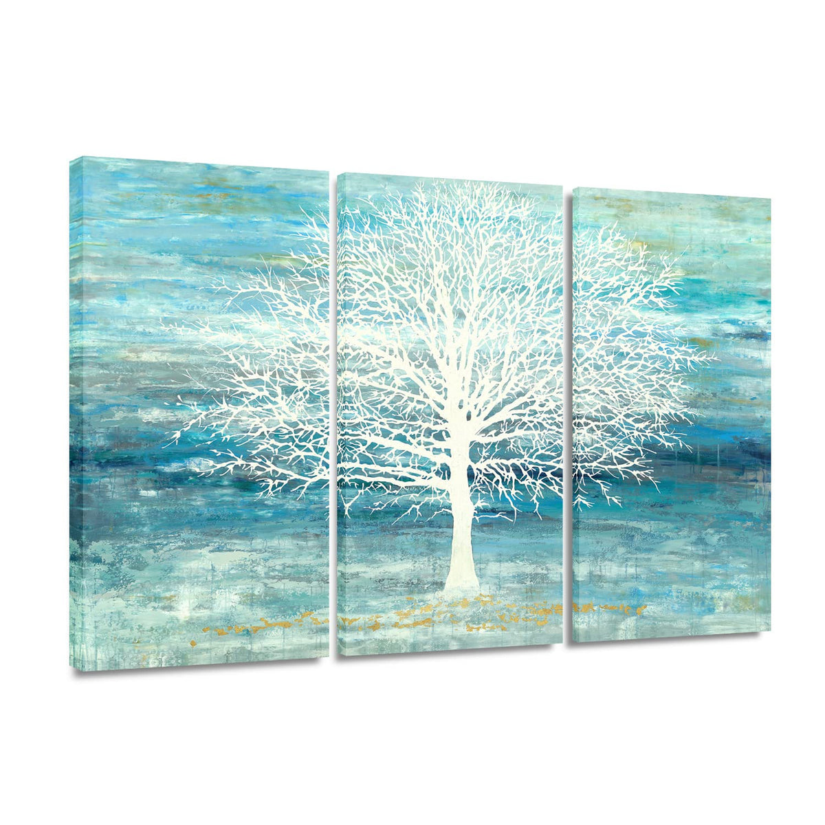 Yihui Arts Teal And Blue Canvas Wall Art - White Tree Paintings With Gold Foil - 3 Pieces Landscape Pictures For Living Room Bed