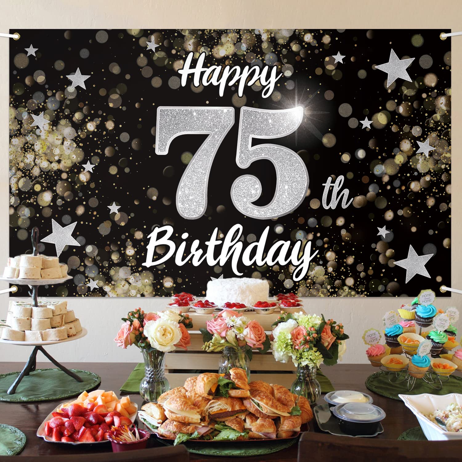 Nelbiirth Happy 75Th Birthday Decorations,75Th Black & Silver Dream Star Large Birthday Banner Backdrop Sign - Cheers To 75 Year