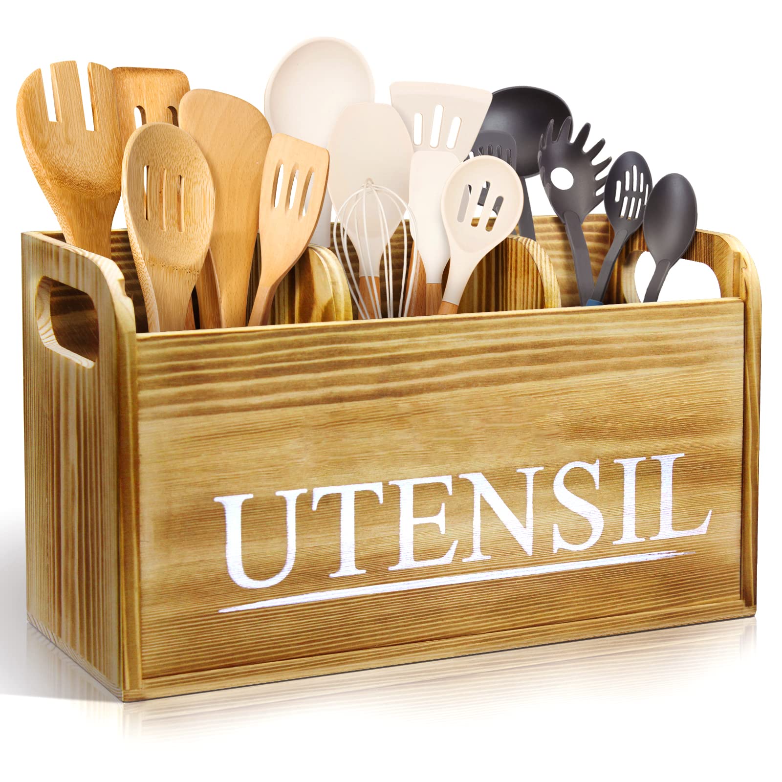 Brekle Kitchen Utensil Holder Rustic Large Wooden Utensil Organizer Cooking Tools Storage (Farmhouse Wooden)