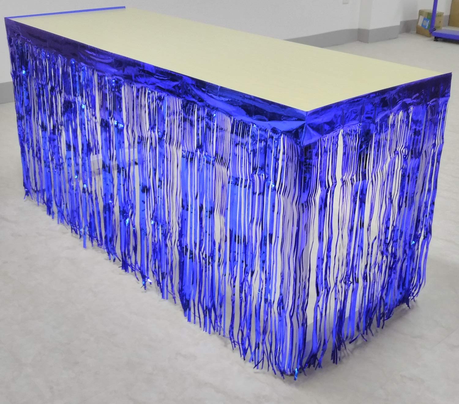 2 Packs Metallic Foil Fringe Table Skirt 29X108-Inch Roayl Blue Tinsel Table Skirts For Rectangle Tables