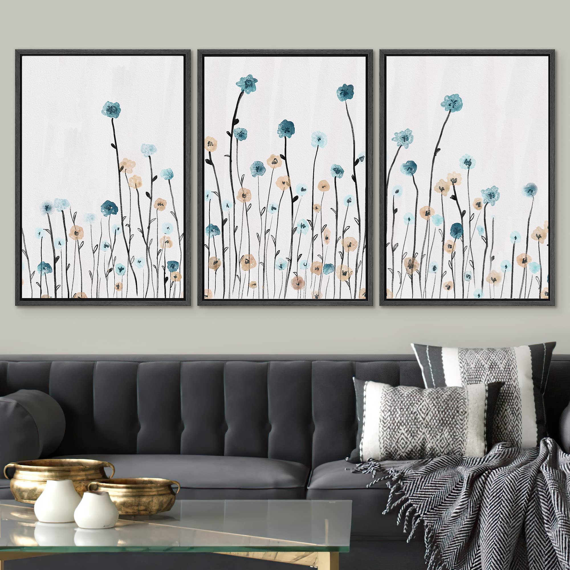 Signwin 3 Piece Framed Canvas Wall Art Flower Canvas Prints Home Artwork Decoration For Living Room,Bedroom - 24''X36''X3 Black