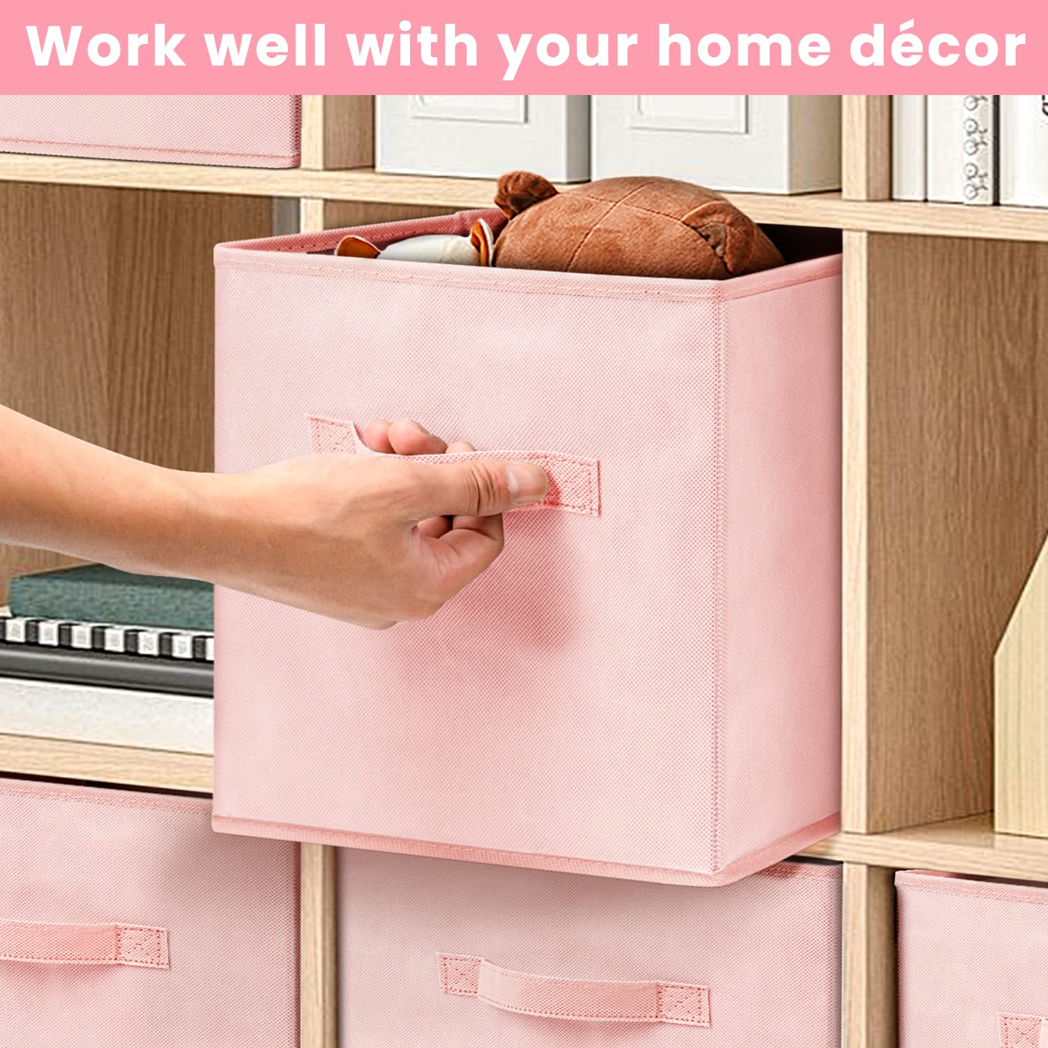 Criusia 11 Inch Cube Storage Bins - Set of 8, Pink Fabric Collapsible Baskets with Dual Handles for Closet and Shelf Organization