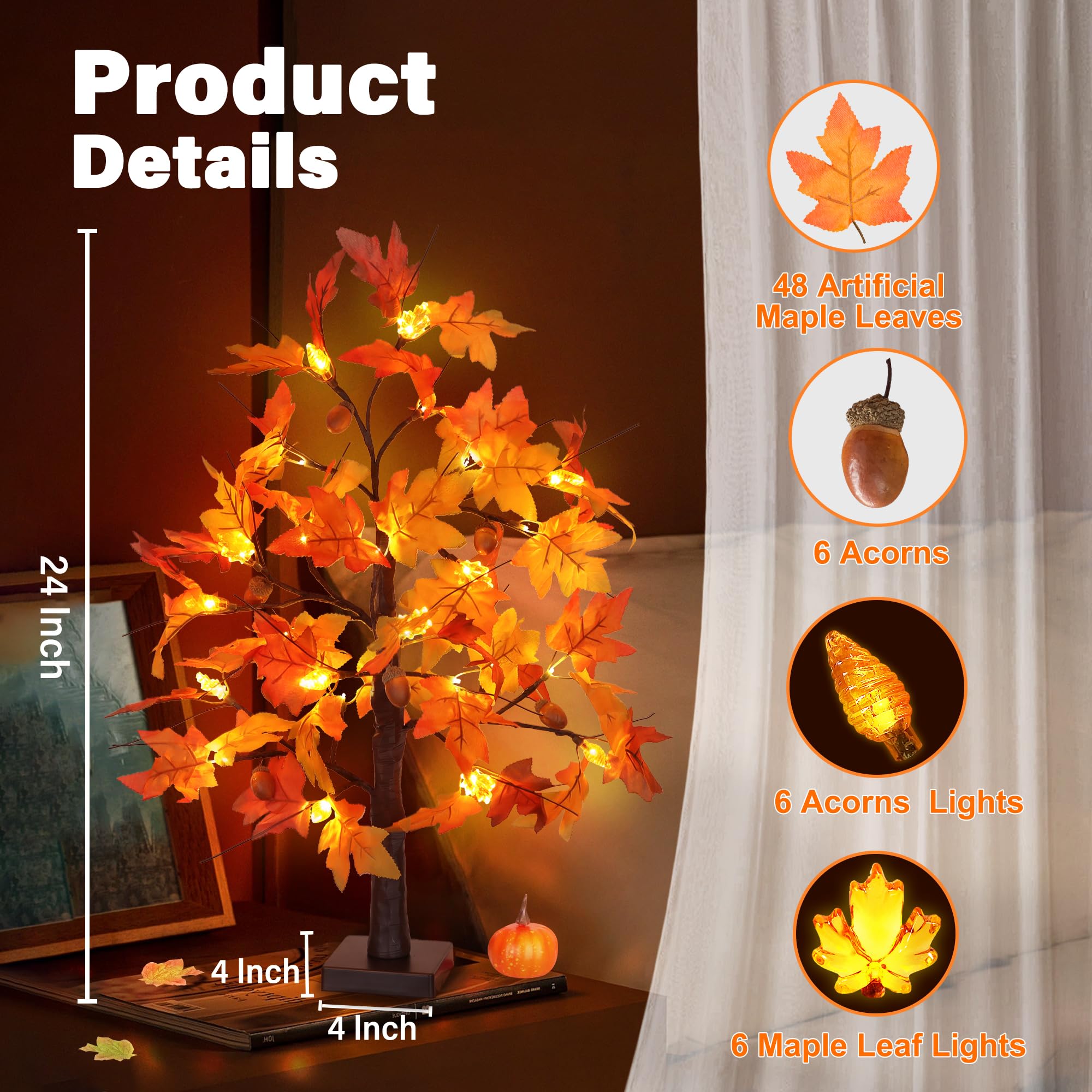 2 Pack 24 Inch Fall Maple Tree Fall Thanksgiving Decorations with Lights Lighted Artificial Tree with Pumpkin Acorn Maple Thanks