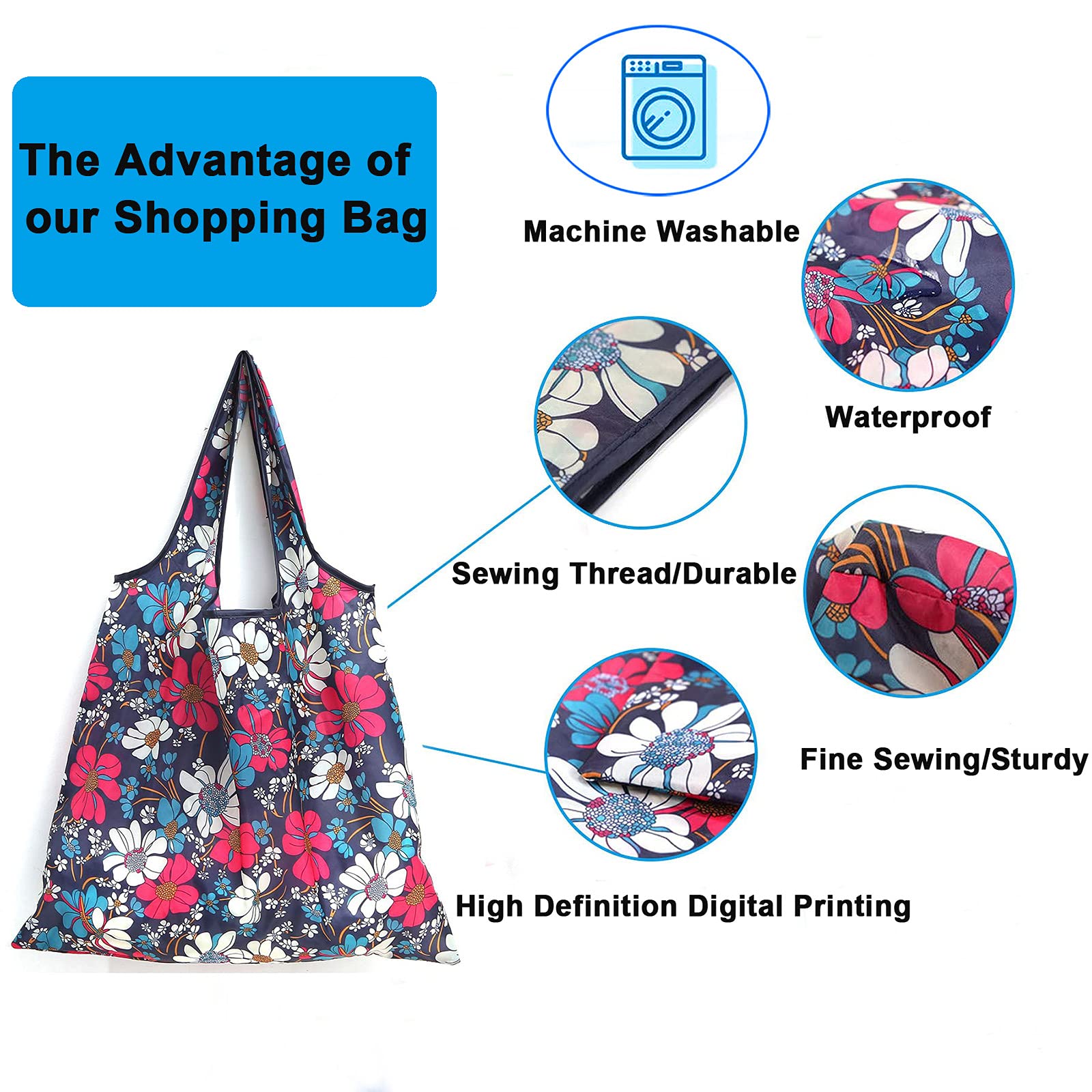 Atamet 9 Pcs Reusable Grocery Bags, Foldable Shopping Bags, 50Lbs Heavy Duty Durable Envirosax Bags, Machine Washable Waterproof