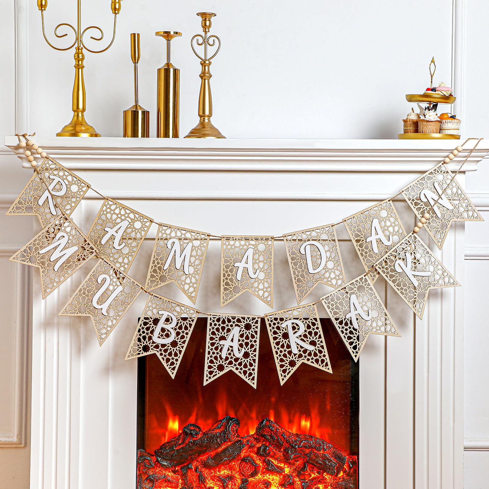 Smoothnovelty 2 Pcs Eid Ramadan Mubarak Banner Wooden Ramadan Mubarak Decoration Rustic Bead Ramadan Decorations Banner Muslim P