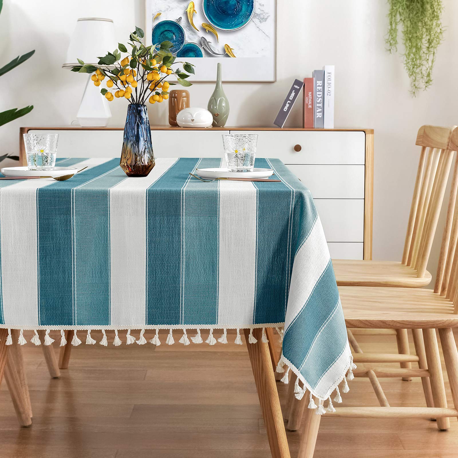 Amhoo Striped Tassel Tablecloth Stitching Rectangle Table Cloth Cotton Linen Fabric Table Cover For Kitchen Dinning Tabletop 55