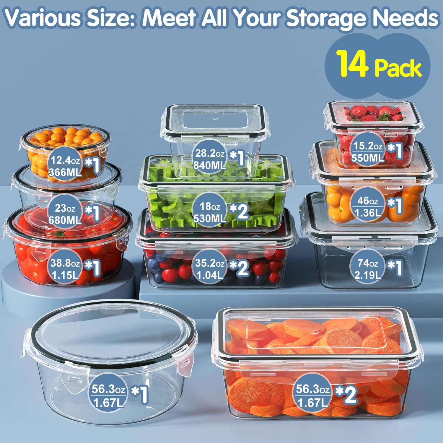 28 Pieces Food Storage Containers With Lids Extra Large Freezer Containers For Food Bpa-Free Meat Fruit Vegetables Plastic Conta