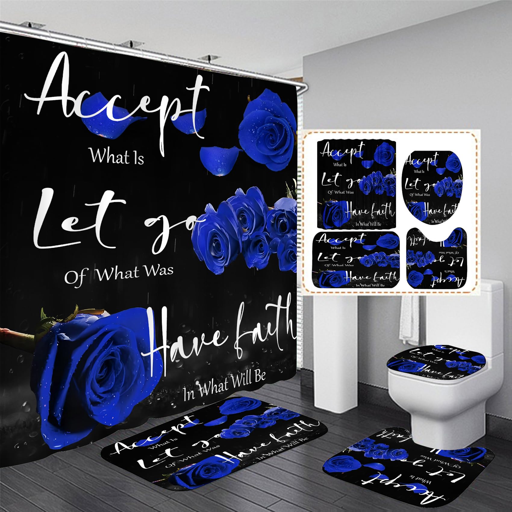 Yddsky 4 Pcs Blue Rose Shower Curtain Sets Non-Slip Rugs Bath Mat Toilet Cover U Shaped Mat Thankful Grateful Blessed Black Blue