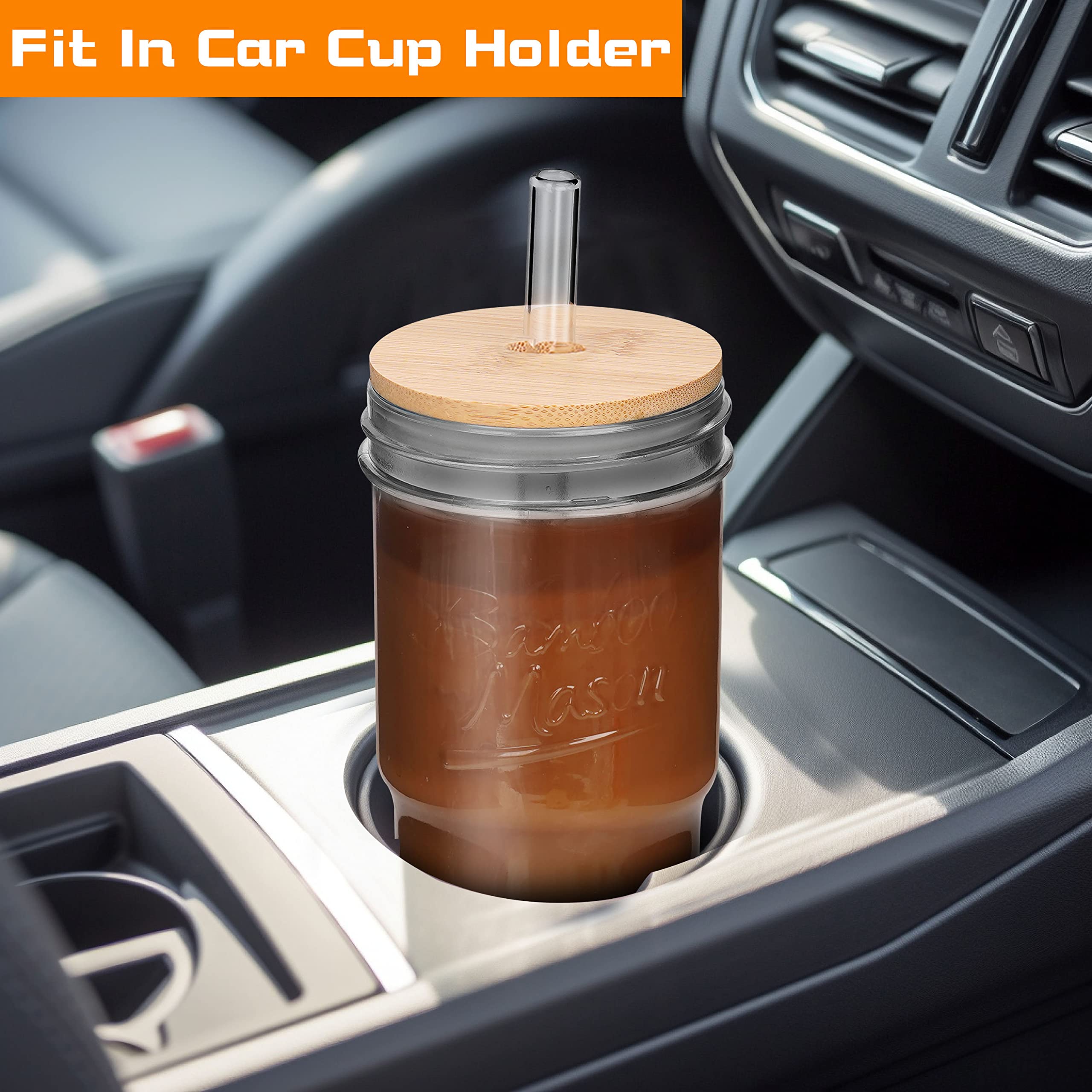 Anotion Glass Cups With Lids And Straws 4 Packs, 24Oz Travel Coffee Mug Wide Mouth Mason Jar Iced Coffee Cup Smoothie Cup Glass