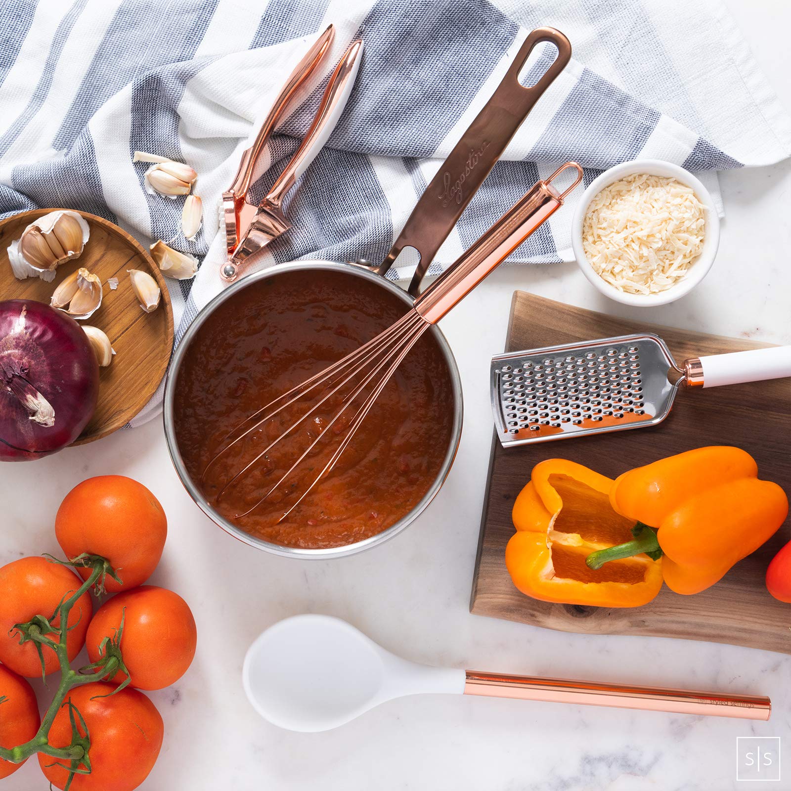 White Silicone & Copper Kitchen Utensils Set With Holder - 17 Pc Rose Gold Kitchen Utensils Set Includes White & Copper Measurin
