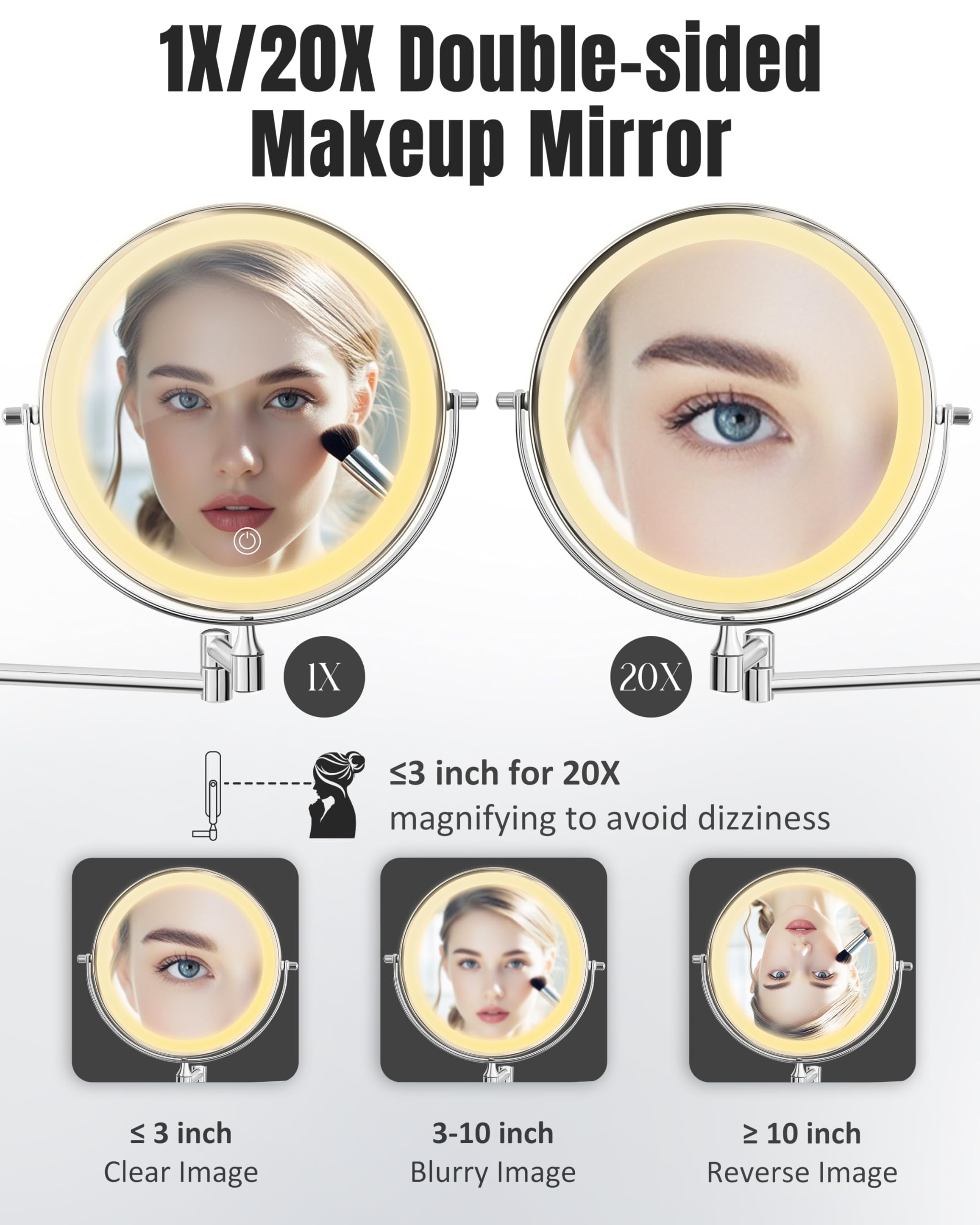 Wall Mounted Makeup Mirror With Light, 20X/1X 8'' Double Sided Led Magnifying Bathroom Lighted Vanity Mirror With Magnification,
