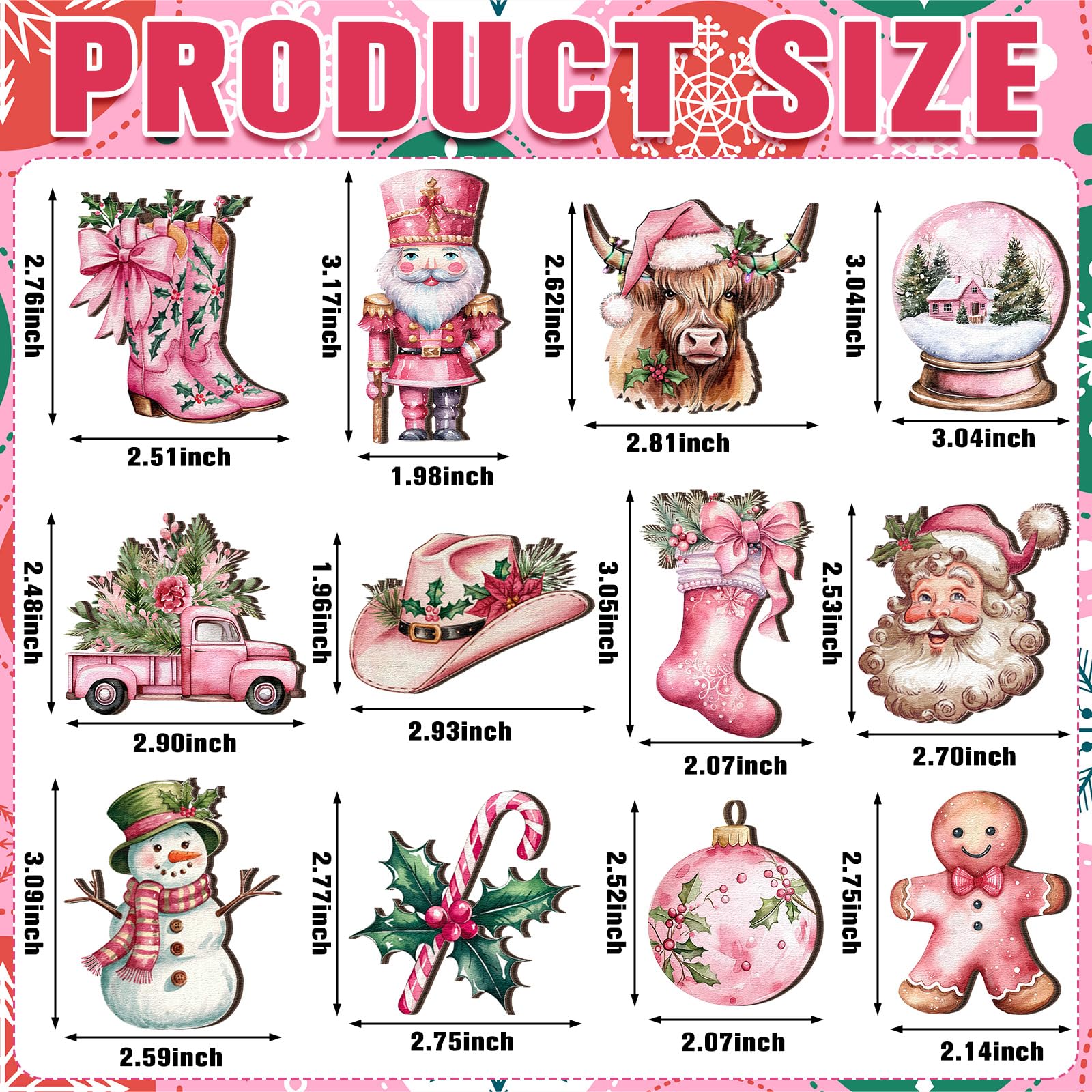 Huwena 36 Pcs Pink Christmas Ornaments Wooden Western Christmas Decorations for Tree Nutcracker Gingerbread Man Cowgirl Boots Ha