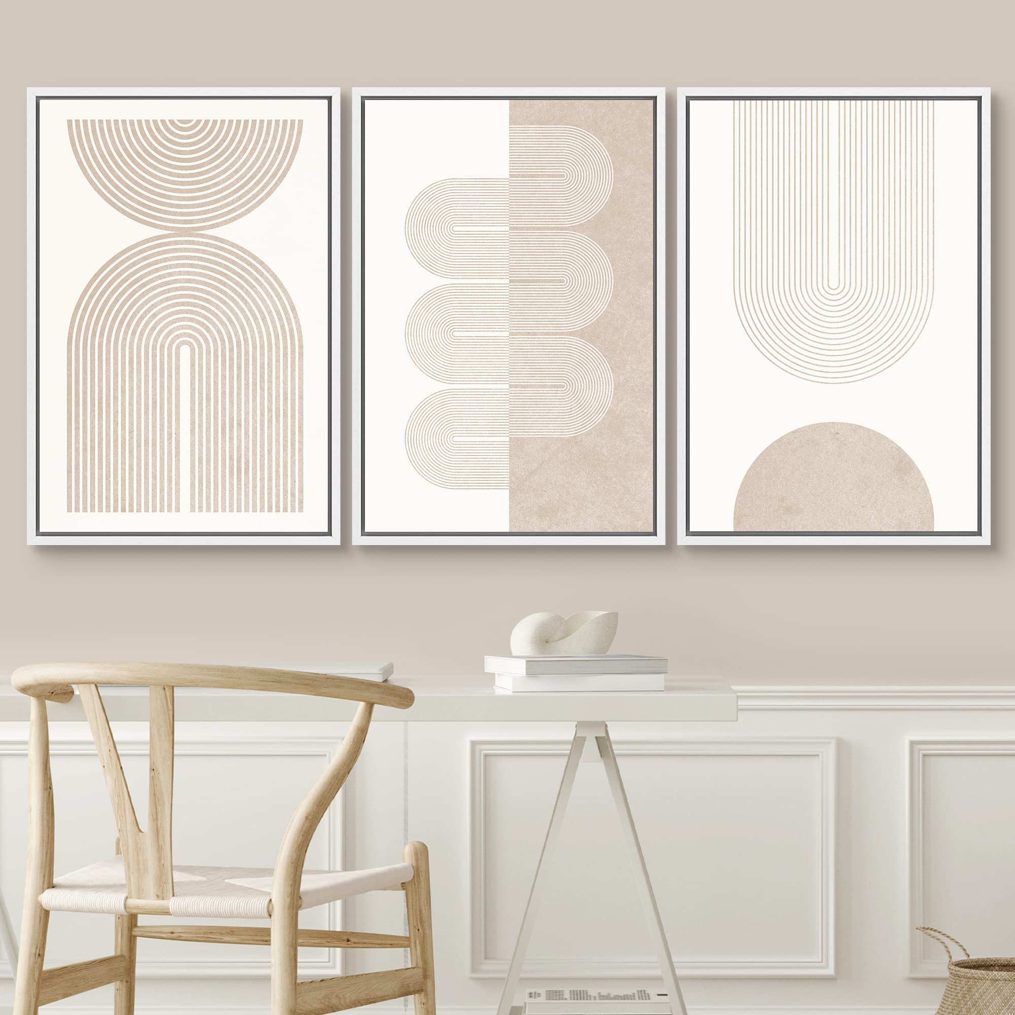 SIGNWIN Framed Canvas Print Wall Art Set Geometric Duotone Tan Spiral Waves Shapes Abstract Illustrations Modern Art Decorative Nordic Calm/Zen for Living Room  Bedroom  Office - 24''x36''x3 White