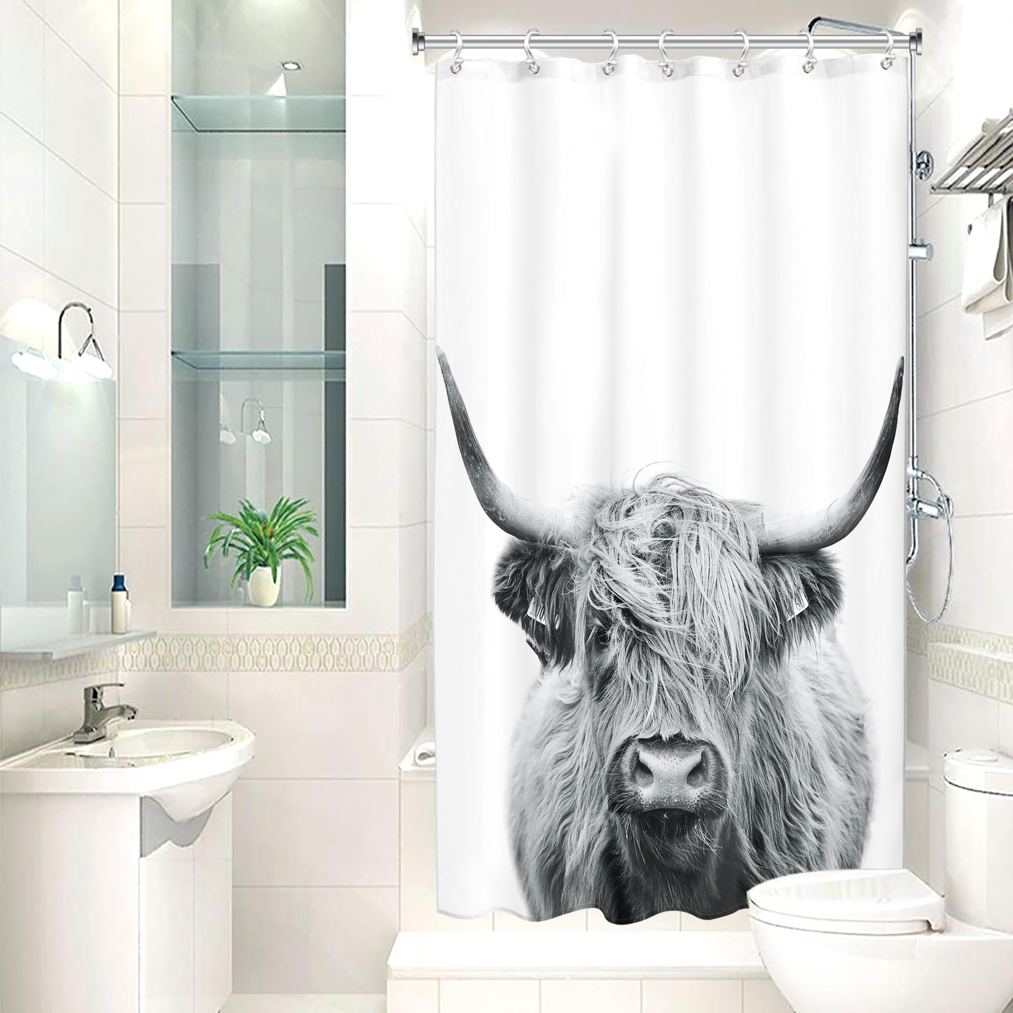 Ambzek Small Stall Highland Cow Shower Curtain 36Wx72L Inch Western Bull Single Half Rv Farmhouse Cattle Country Funny Artwork C