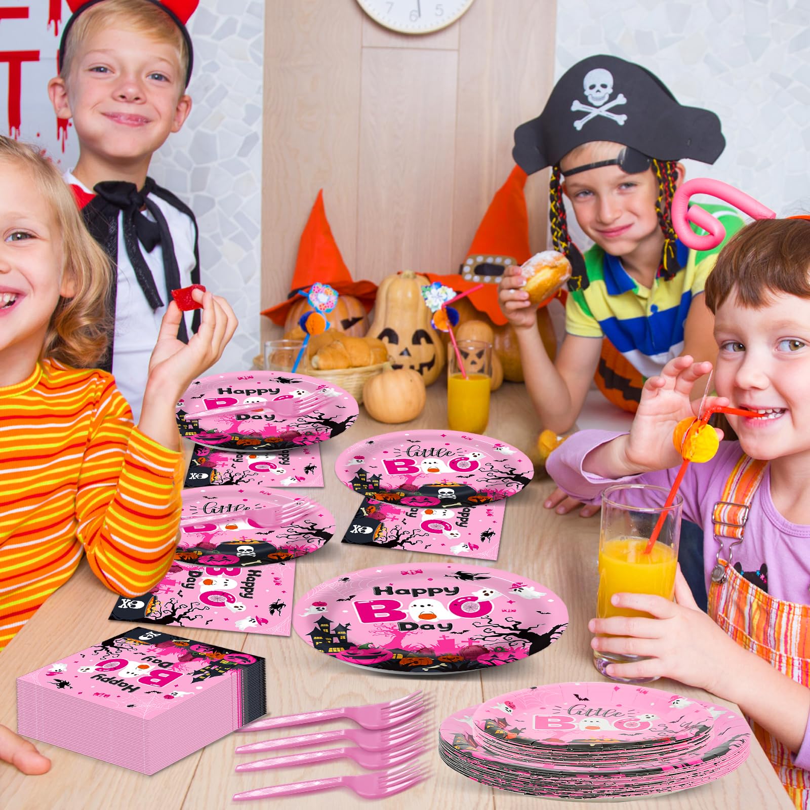 96Pcs Halloween Happy Boo Day Party Supplies Pink Ghost Pumpkin Paper Plates Napkins Ghost Theme Party Decoration Little Boo Gho