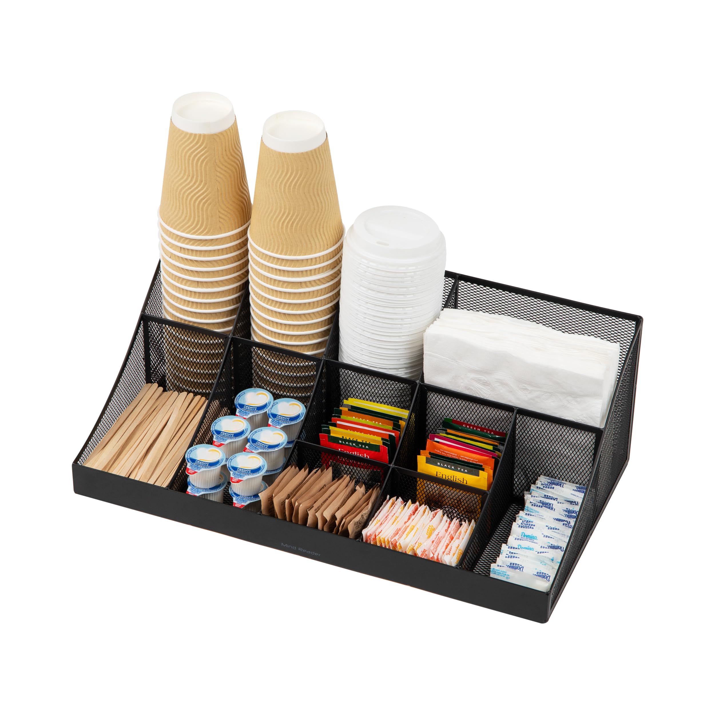 Mind Reader Cup And Condiment Station, Countertop Org, Coffee Bar, Kitchen, Metal Mesh, 17.875''L X 9.5''W X 6.625''H, Black