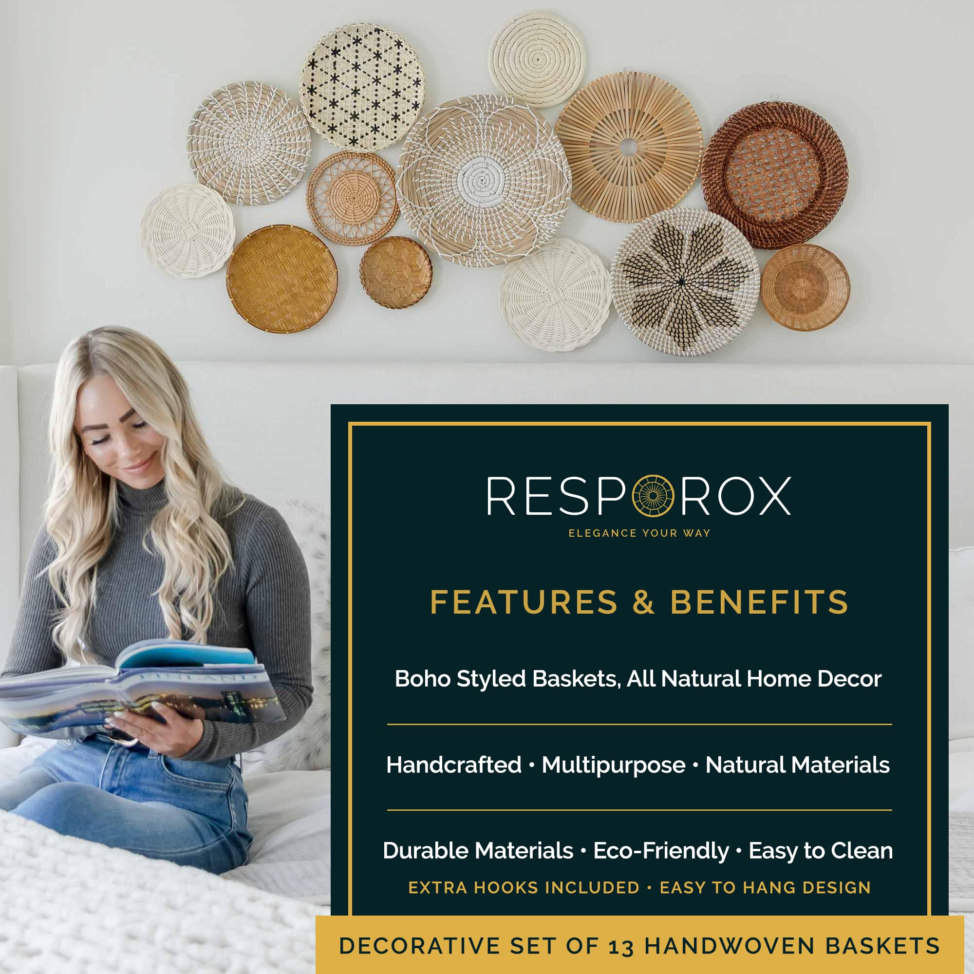 Resporox Elegance Your Way Set Of 13 Hanging Woven Baskets For Wall Decor - Handcrafted Bamboo, Rattan & Seagrass Baskets Come W