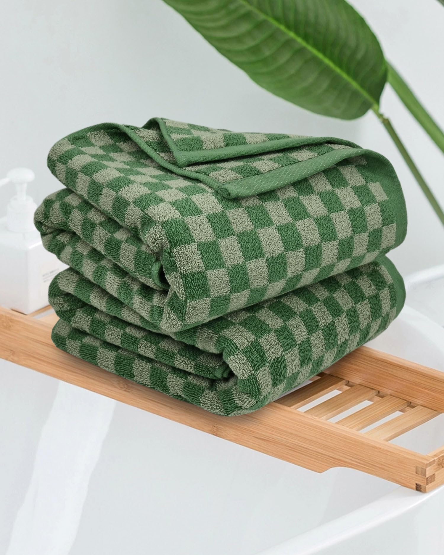 Jacquotha Luxury Bath Towels For Bathroom Green Checkered (54X28 Inches) - Cotton Soft Absorbent Shower Towels 2 Pack Daily Use