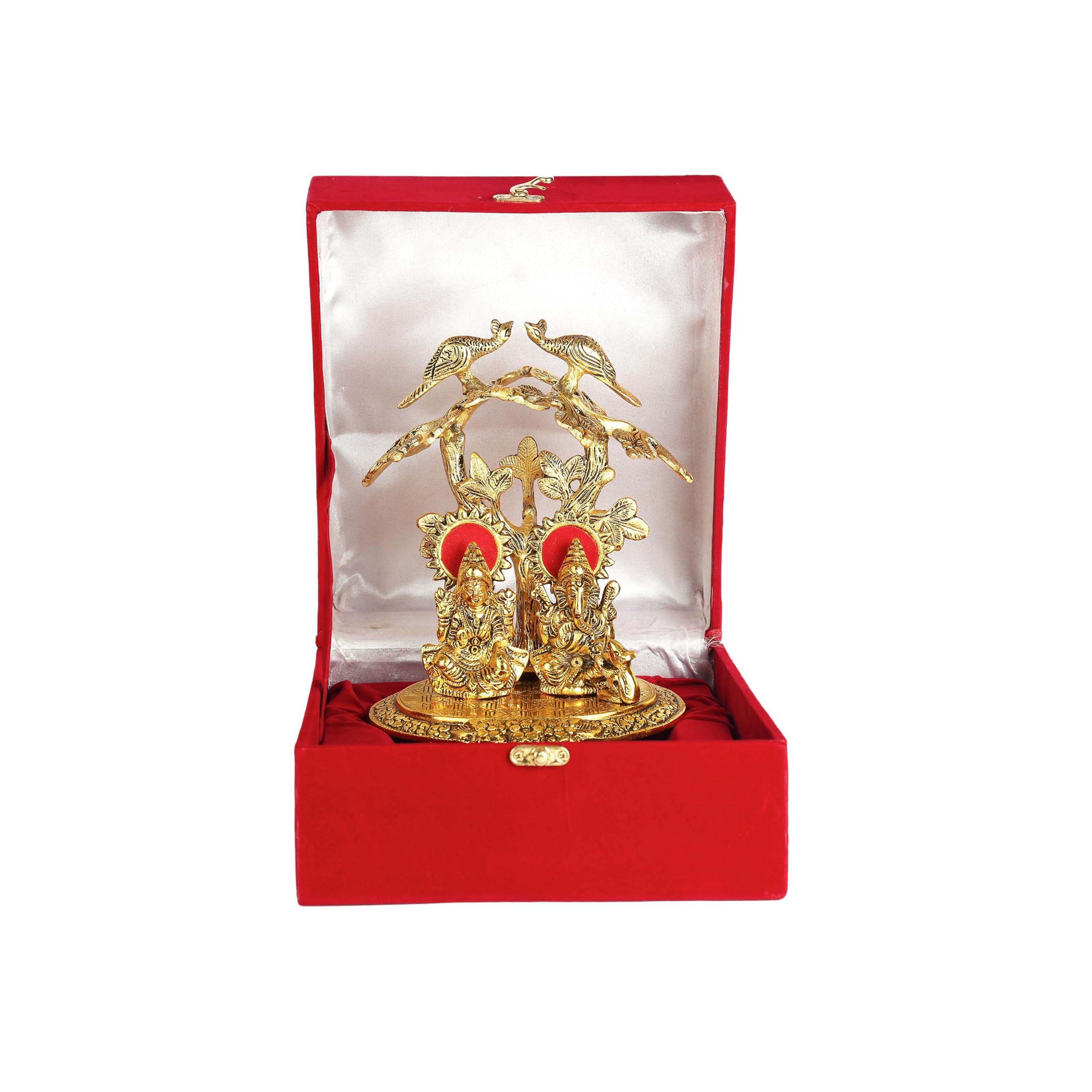 Rkonect Gold Plated Laxmi Ganesh/Ganesha Idol Murti Under Peacock Tree With Velvet Gift Box || L17 X W14 X H22 Cm || Pack Of One