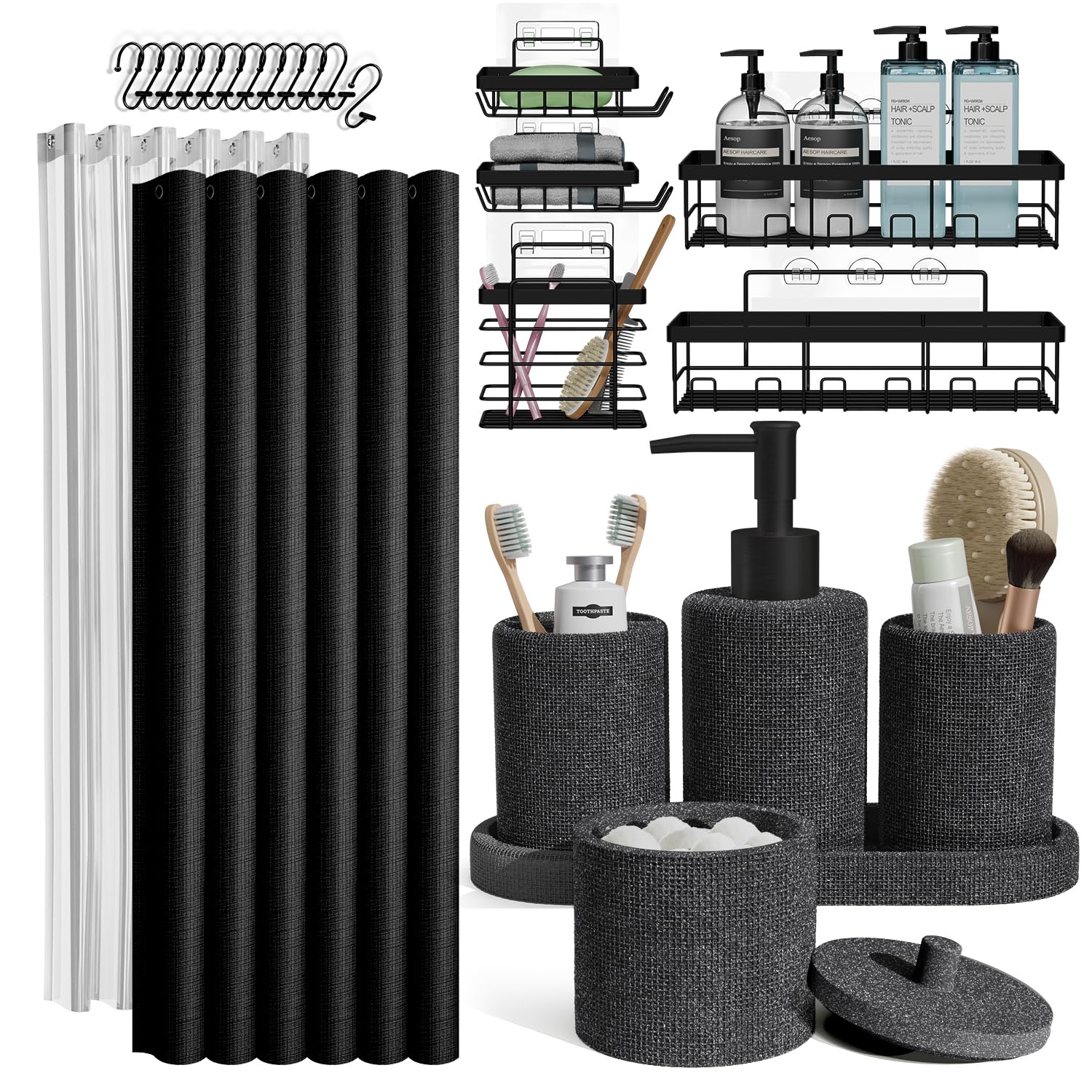 Clara Clark Bathroom Set - Coal Black Bathroom Accessories Set, 24PC Bathroom Accessory Set, Bathroom Sets with Shower Curtain S