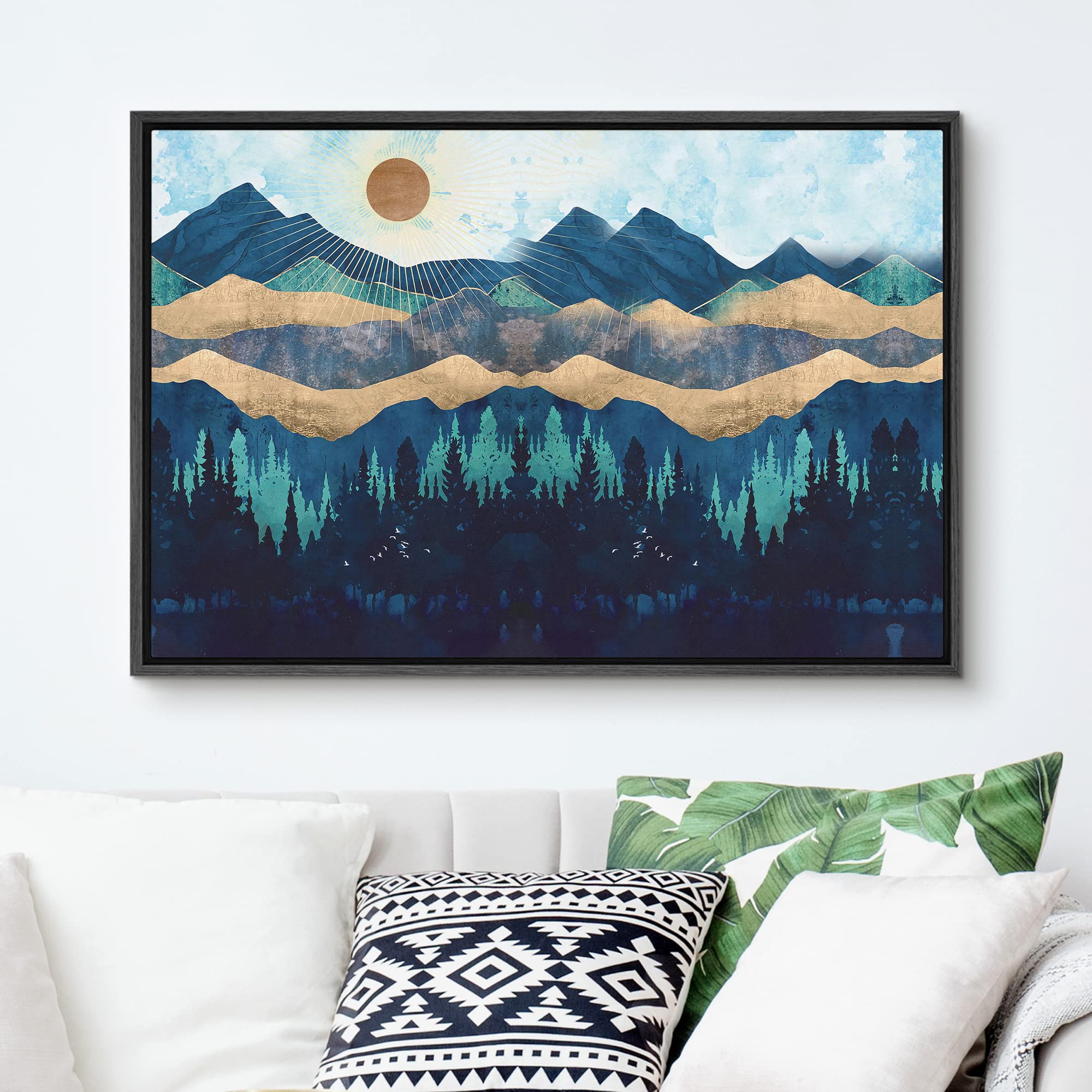 Signford Framed Canvas Print Wall Art Woodland Nursery Decor Blue Mountains & Forest Under Shining Sun Abstract Wilderness Moder