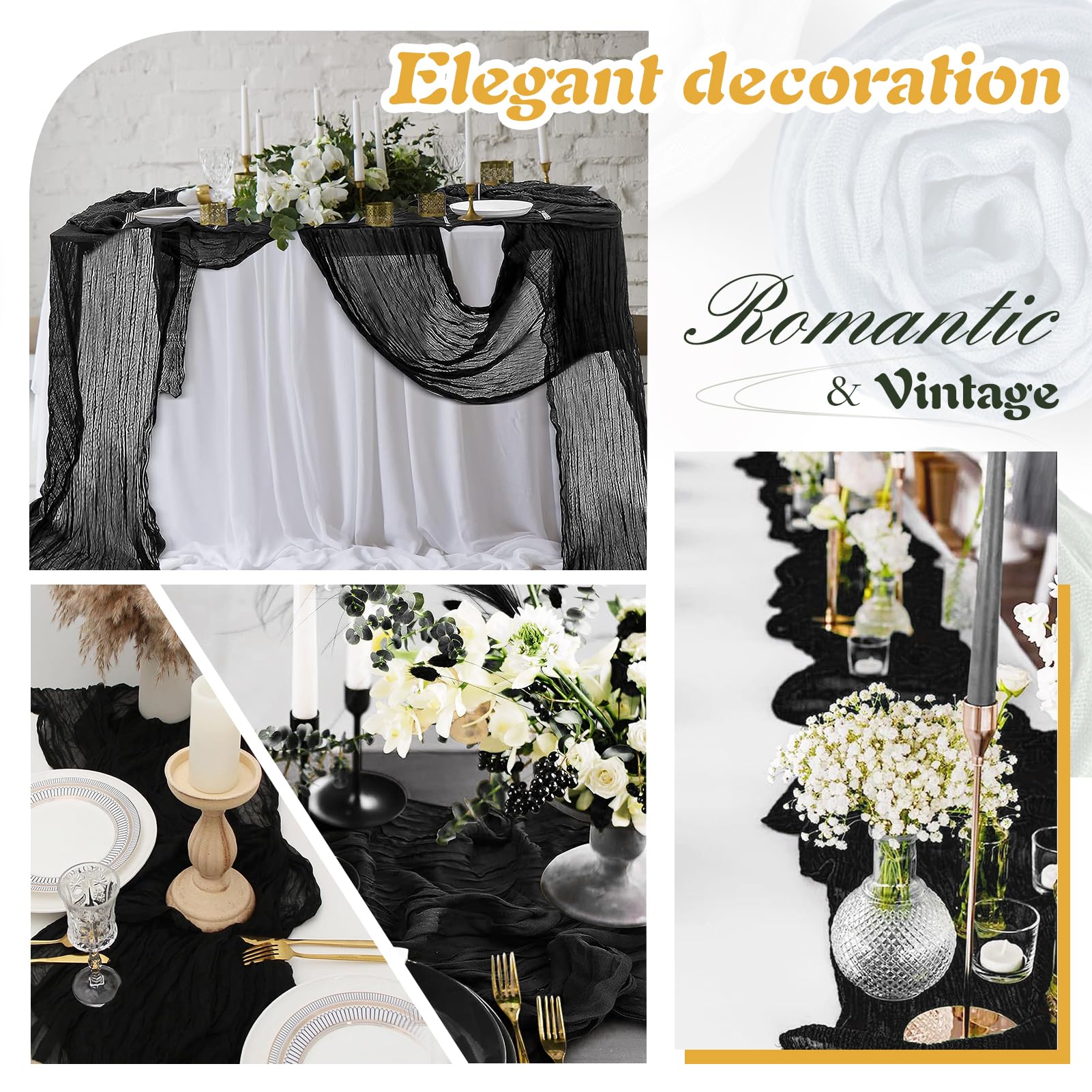 Waligoy Black Cheesecloth Table Runner 2 Pack 35'' Boho Gauze Table Runner 120 Inches Long Table Runner Rustic Sheer Fabric Bulk