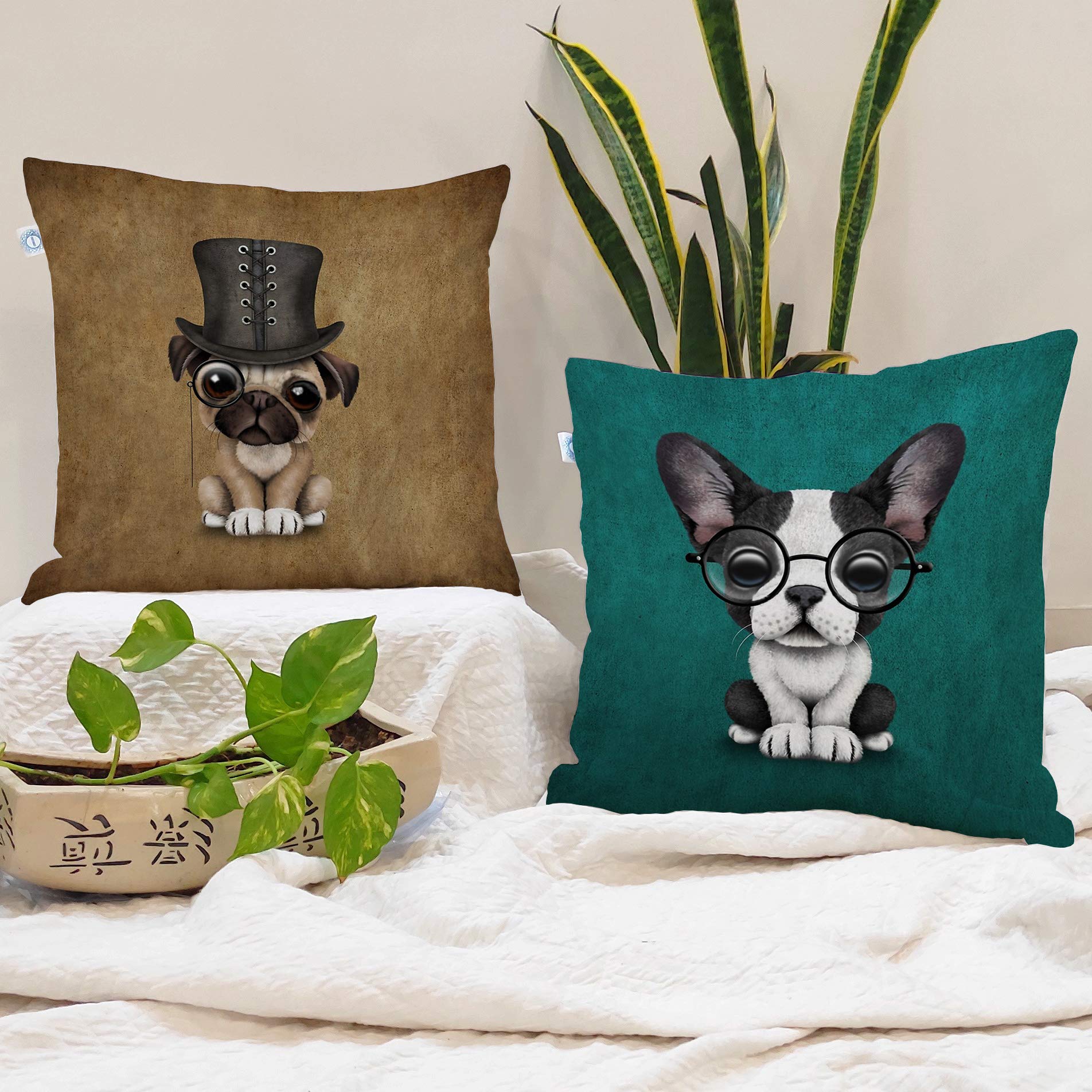 Stitchnest Set Of 2 Jute Cushion Covers - 18X18 Inches - Cute Puppy & French Bulldog Prints - Designer Decorative Pillow Covers 