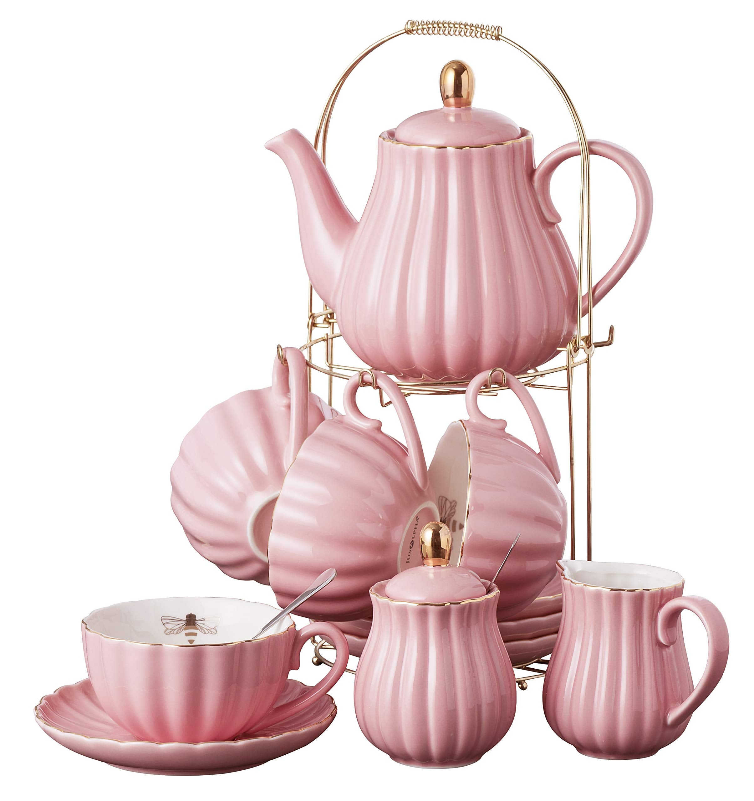 Jusalpha Fine China Pink Coffee Cup/Teacup Set, 8 OZ Cups& Saucer Service for 4, with Teapot-Sugar Bowl-Cream Pitcher Teaspoons