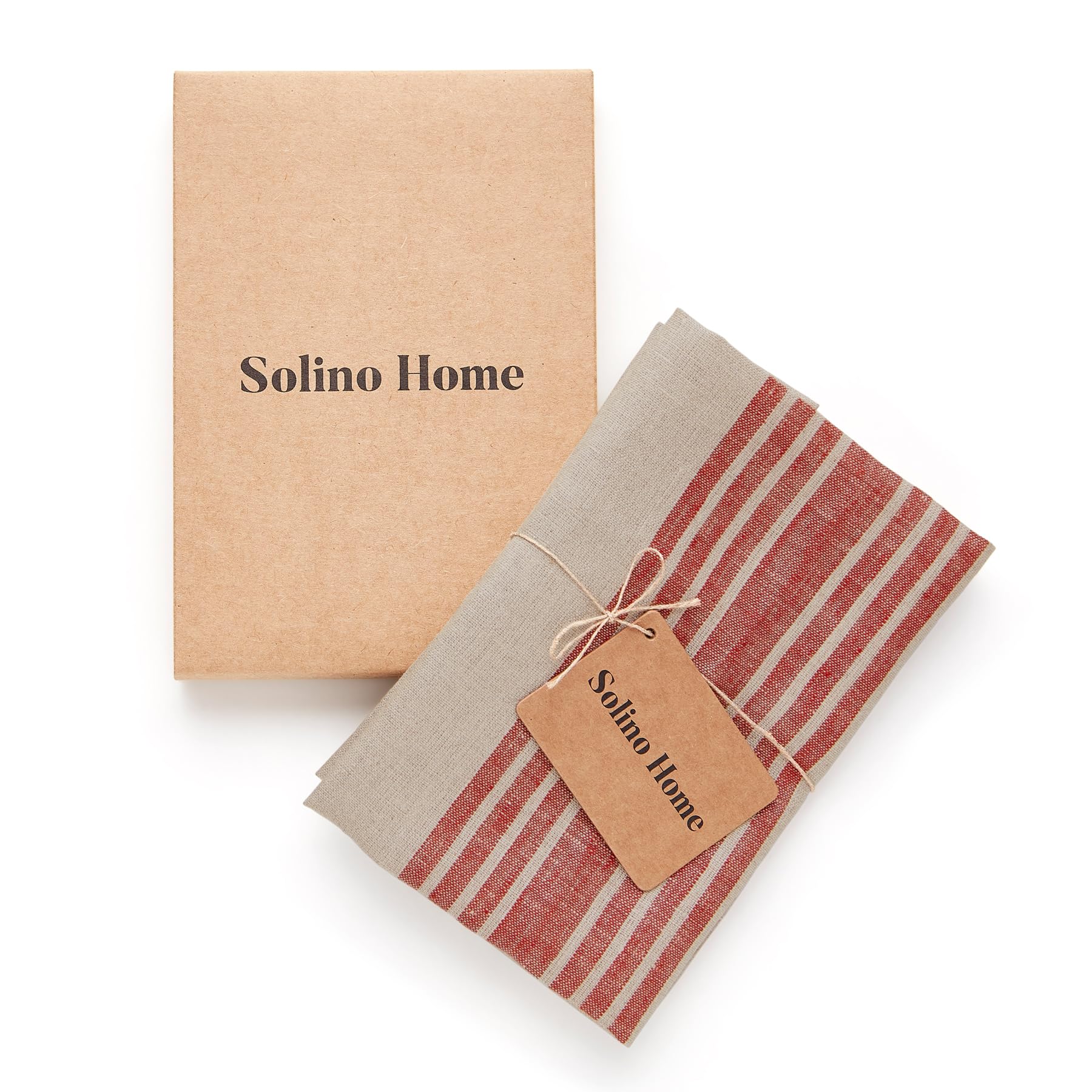 Solino Home Linen Kitchen Towels Set Of 2 - Red And Natural 17 X 26 Inch - 100% Pure Linen Farmhouse Kitchen/Tea Towels - Machin